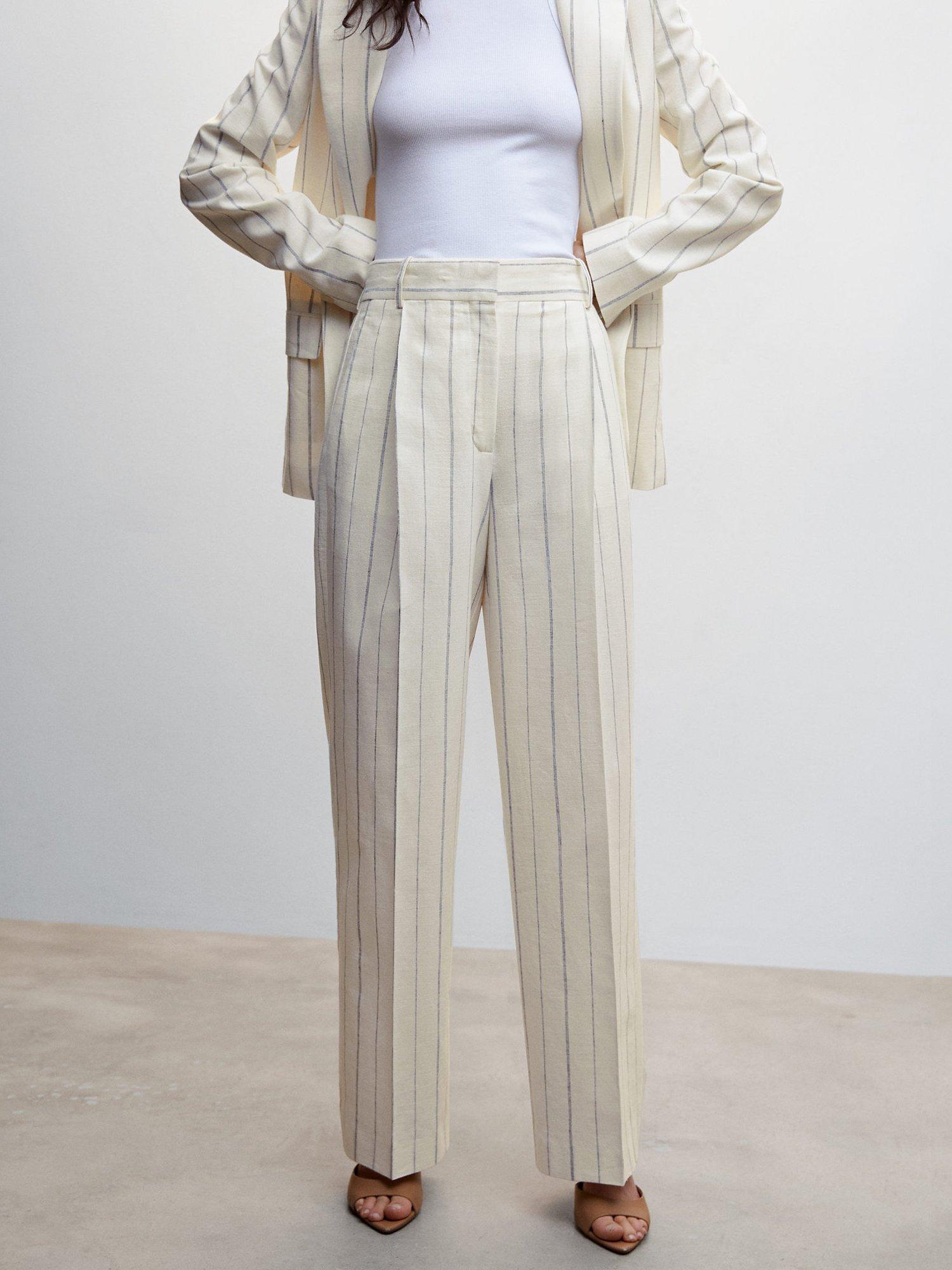 Mango Sophie Striped Linen Blend Tailored Trousers, White/Multi