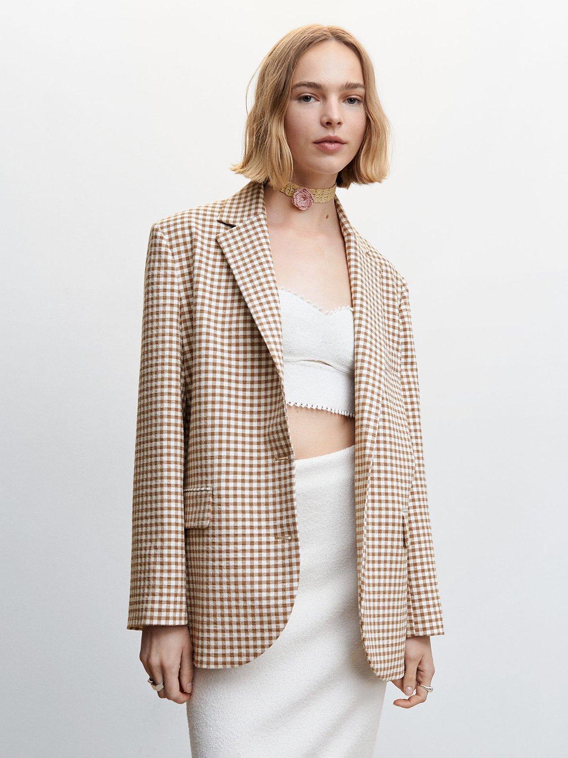 Mango Carmen Check Blazer, Brown