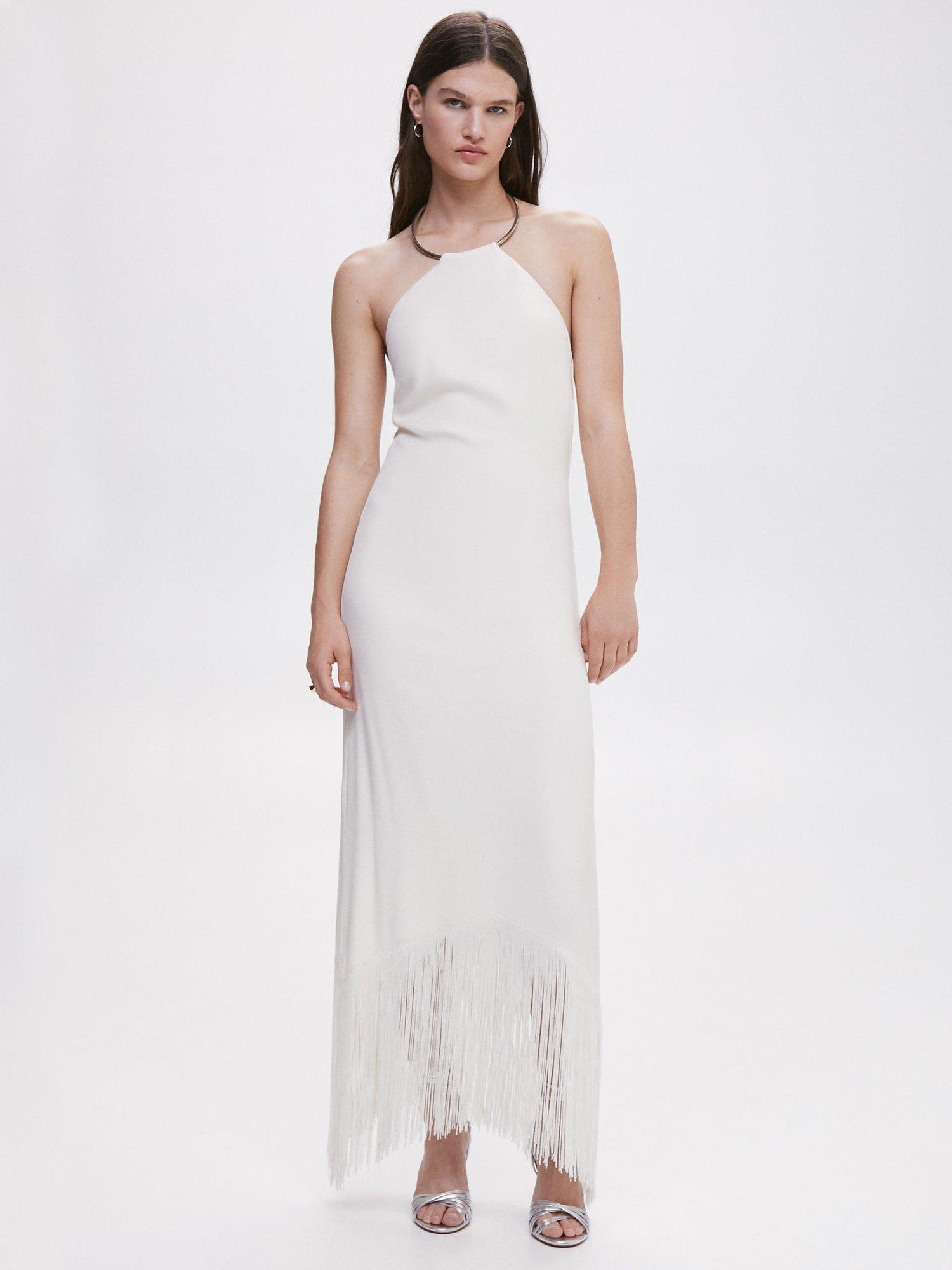 Mango Flequi Halterneck Tassel Hem Midi Dress, Light Beige