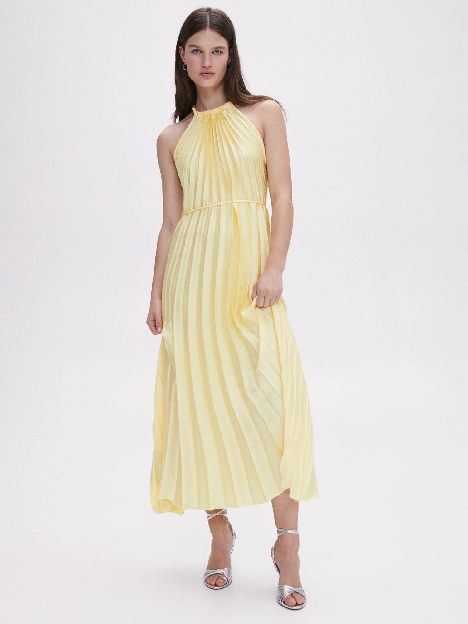 Mango Pleated Halterneck Maxi Dress, Yellow