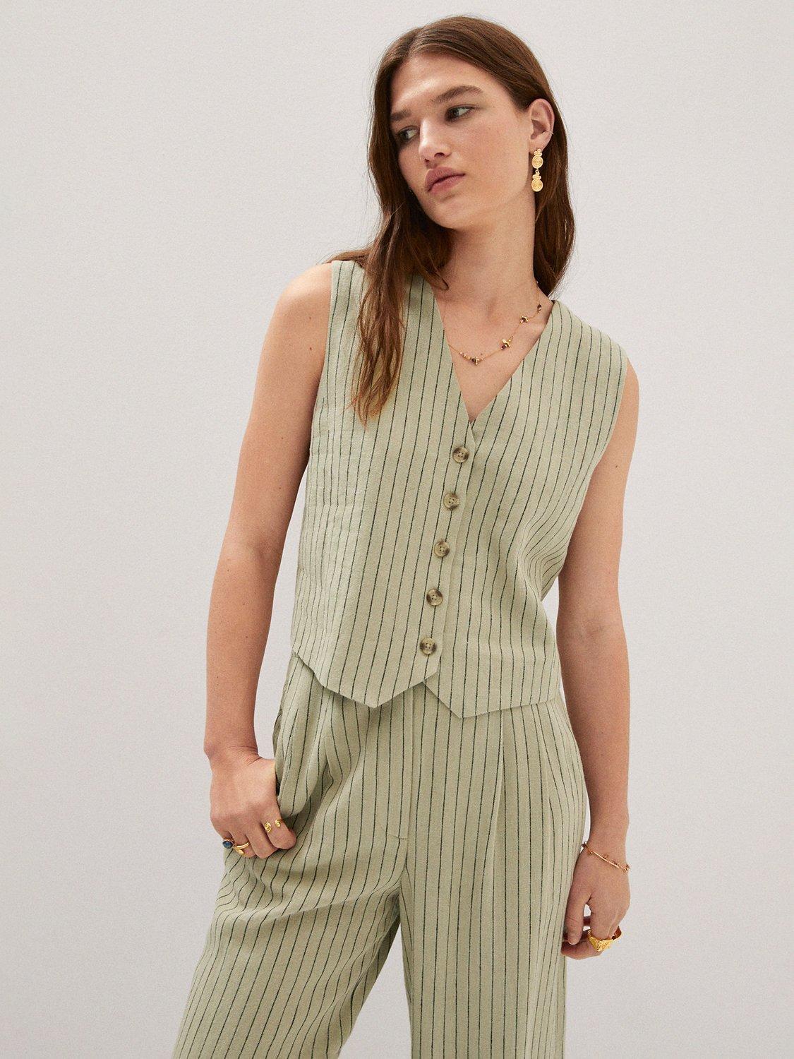 Mango Linen Blend Stripe Waistcoat, Green