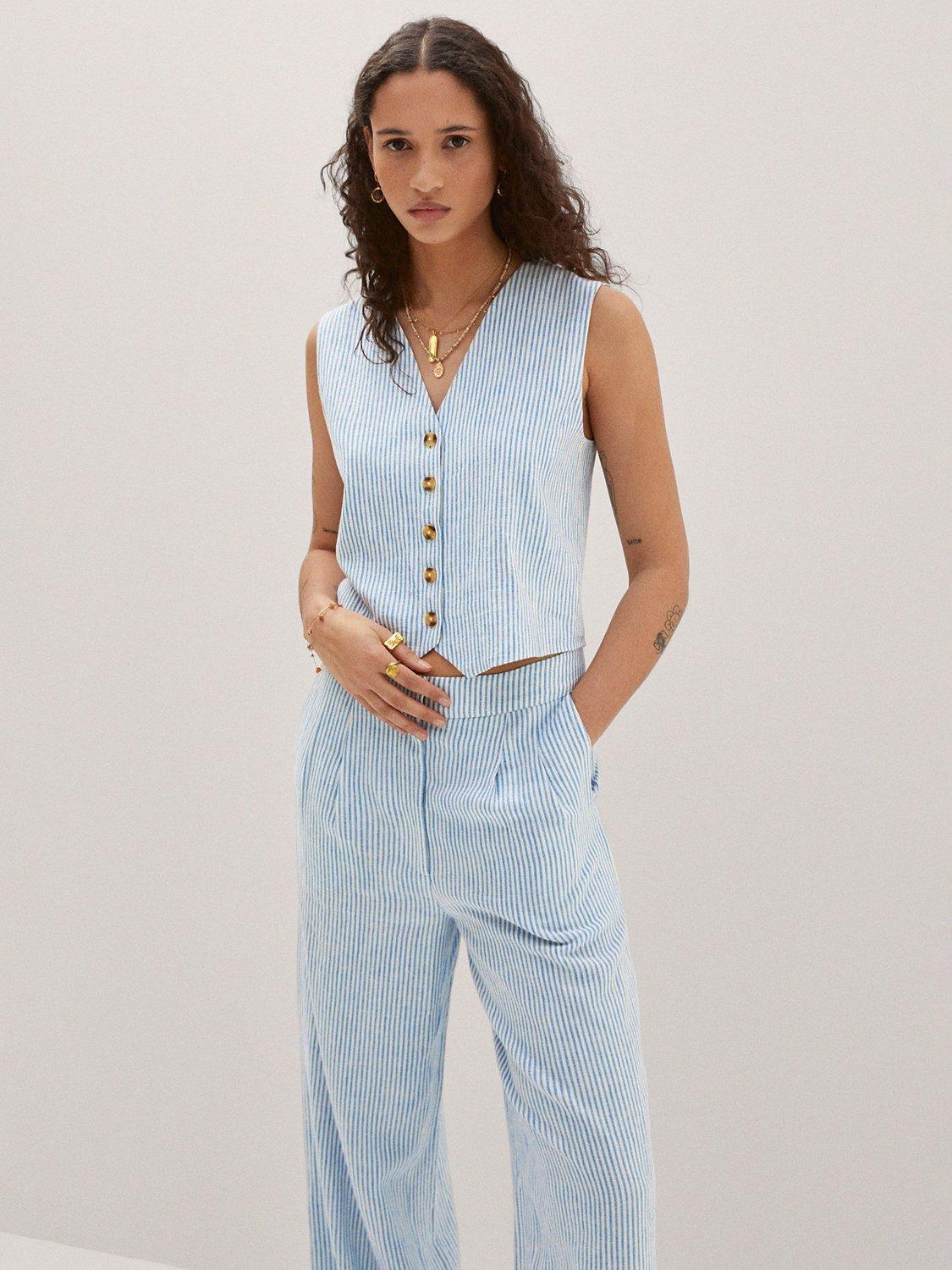 Mango Linen Blend Stripe Waistcoat, Blue