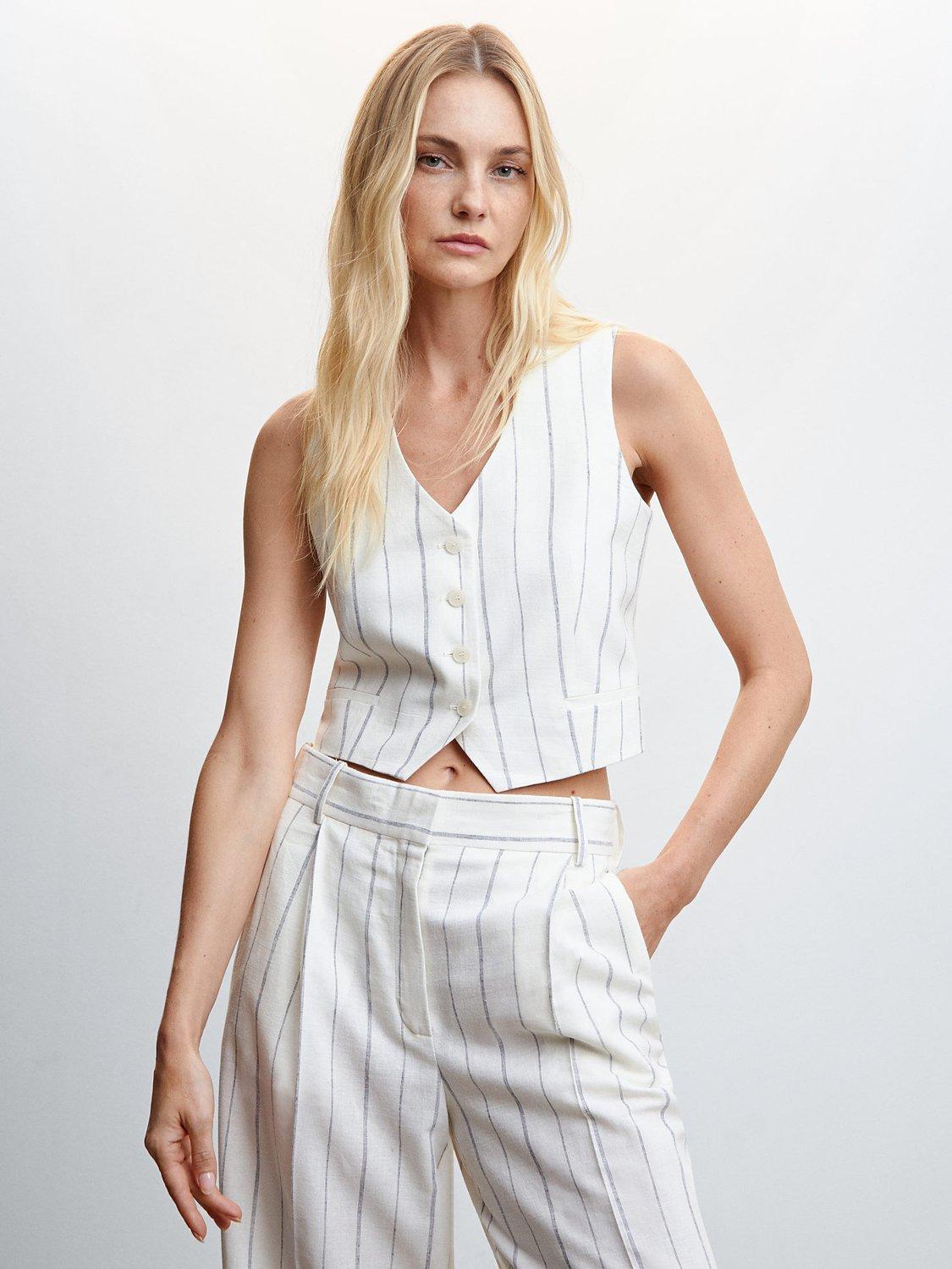Mango Sophie Striped Linen Blend Waistcoat, White/Multi
