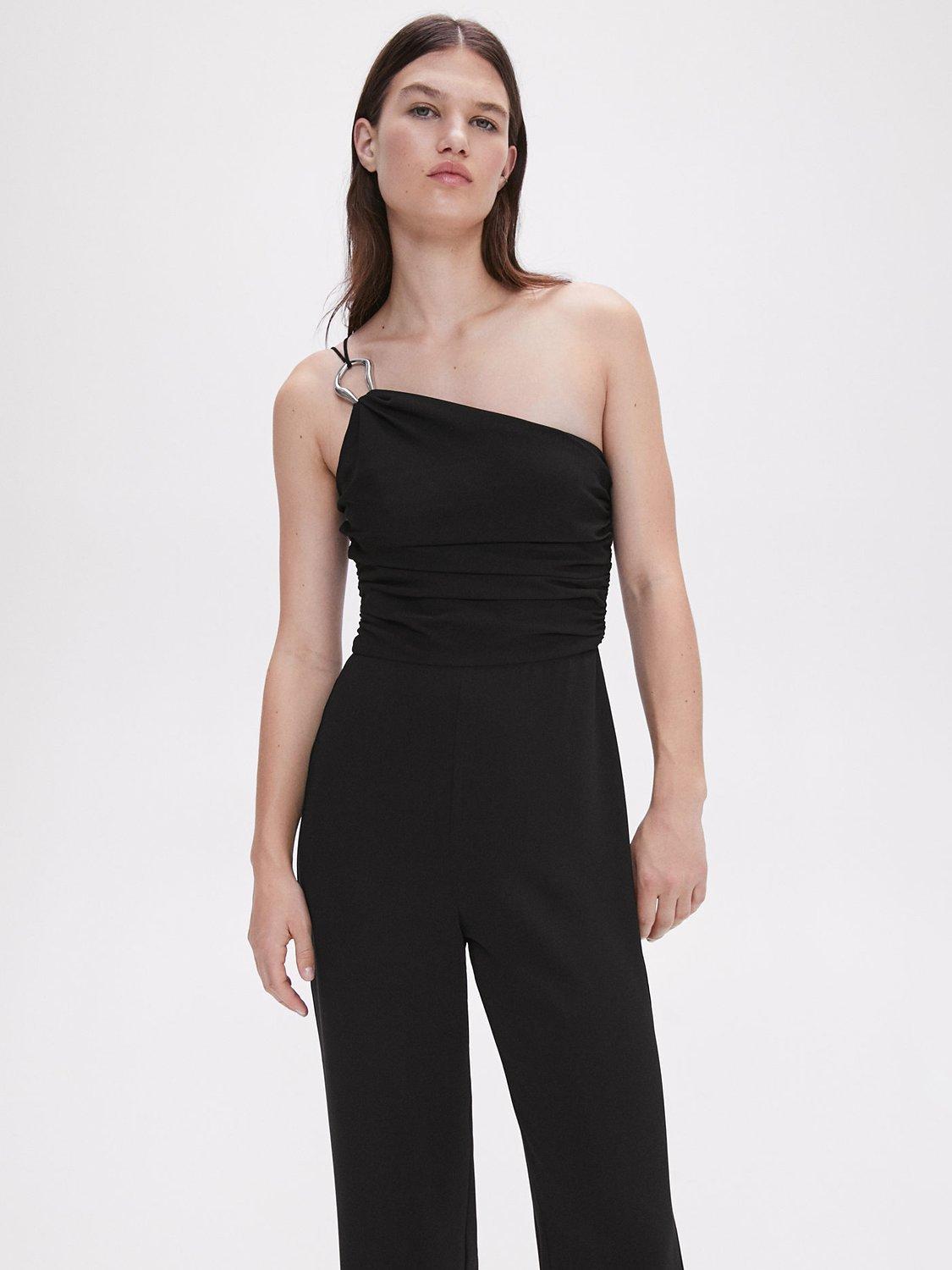 Mango Artemis Asymmetrical Metallic Detail Jumpsuit, Black