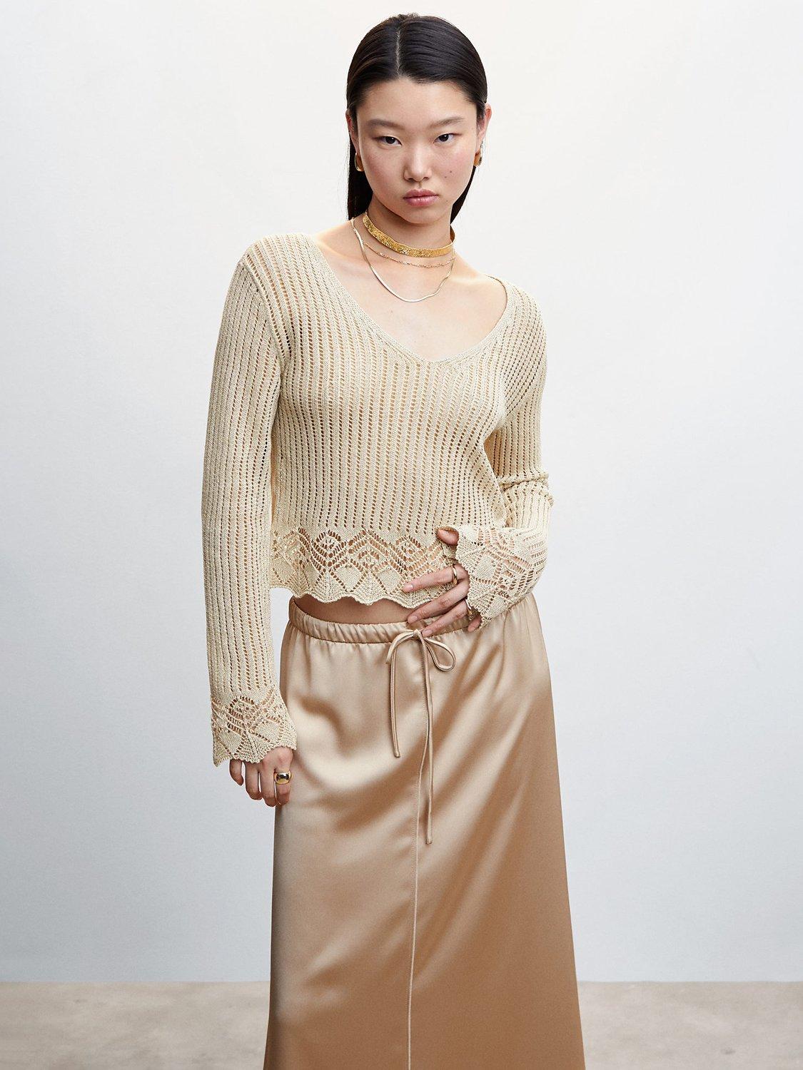Mango Chicle Open Knit Cropped Jumper, Gold