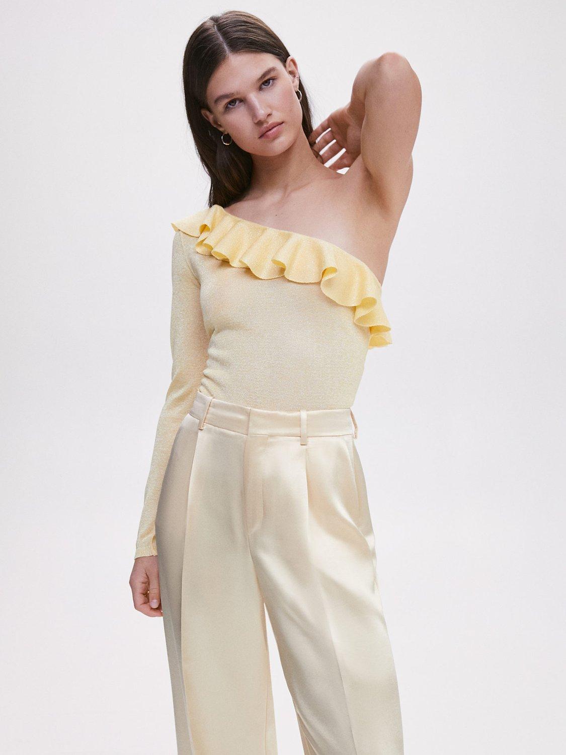 Mango One Shoulder Frill Jumper, Yellow