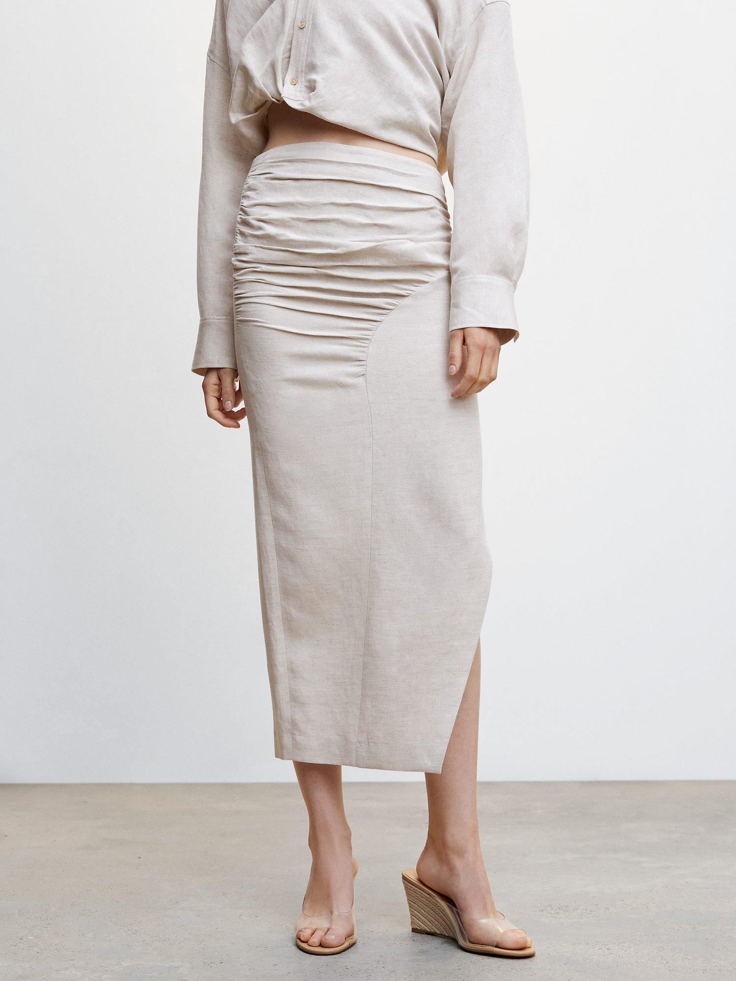 Mango Mus Linen Blend Midi Skirt, Light Beige