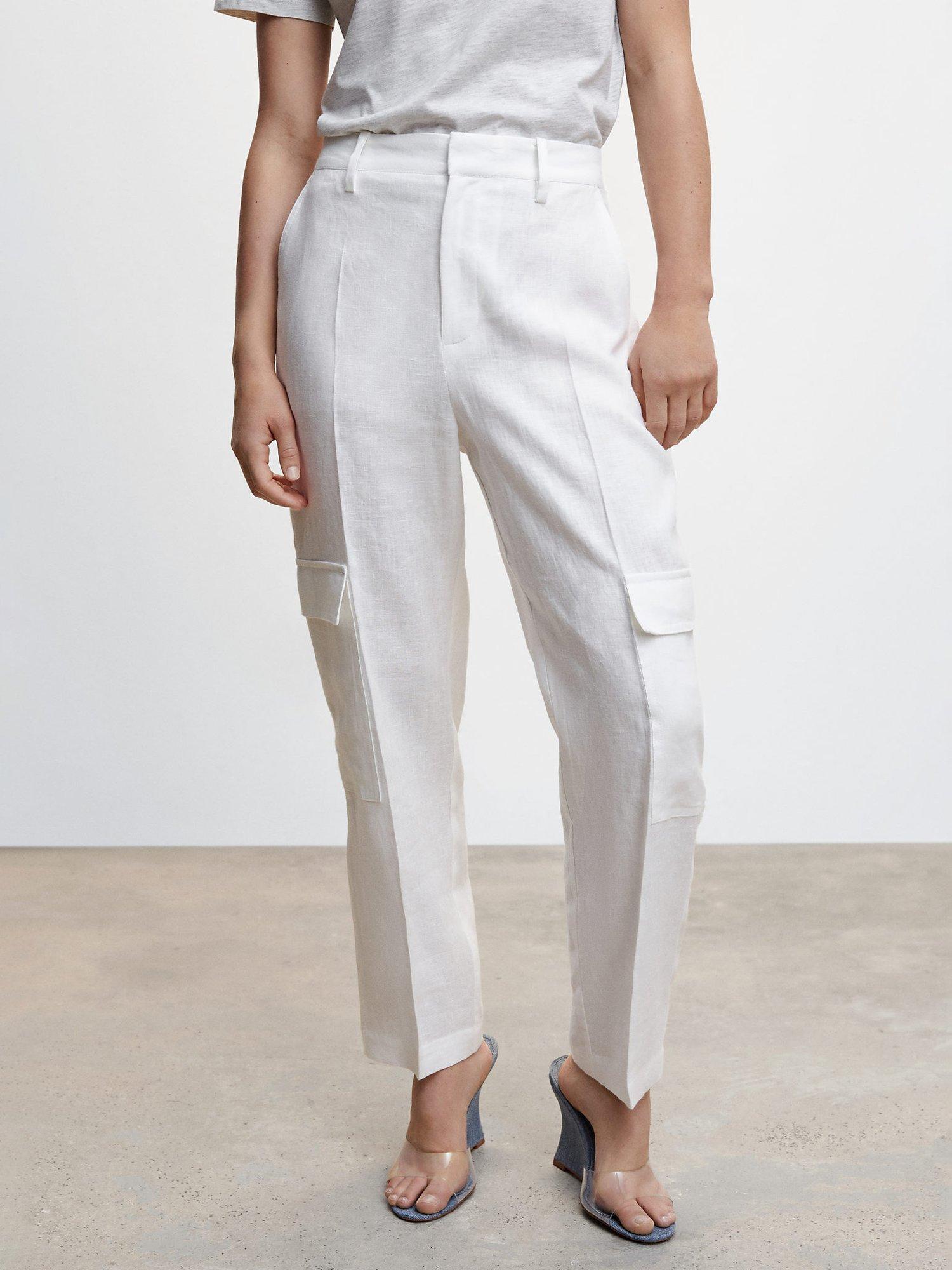 Mango Frank Tailored Linen Blend Cargo Trousers, White