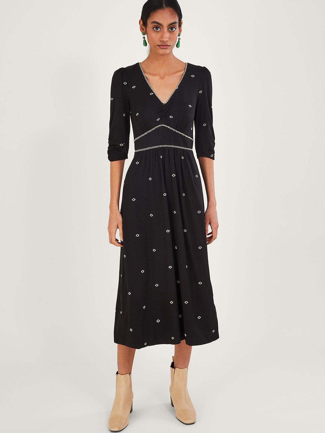 Monsoon All-Over Embroidered Jersey Midi Dress, Black