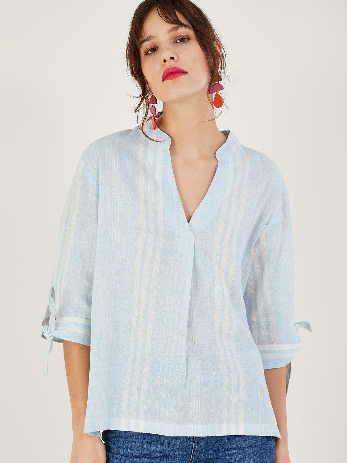 Monsoon Linen Blend Striped Blouse, Blue