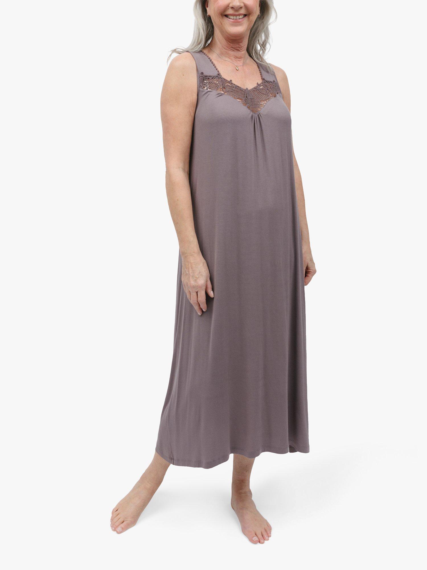 Product image 1 of 4, which shows Nora Rose by Cyberjammies Evette Lace Neck Long Nightdress, Taupe, 8