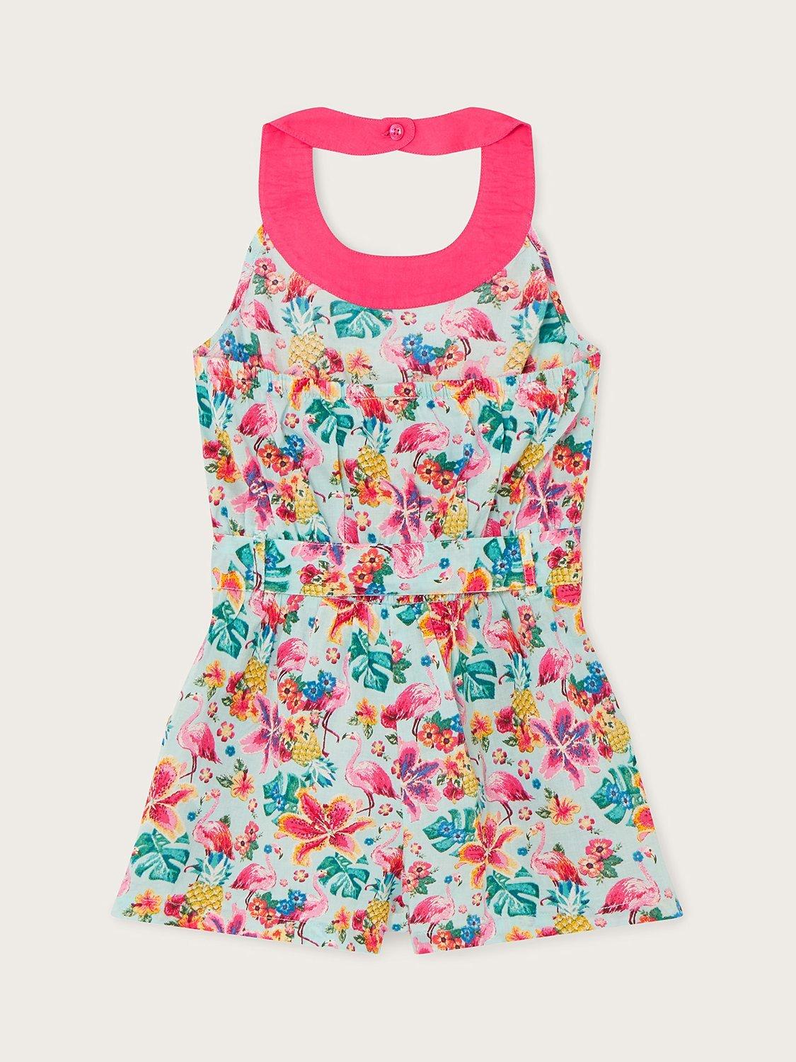 Product image 2 of 3, which shows Monsoon Kids' Tropical Print Halter Neck Playsuit, Aqua/Multi, 12-13 years