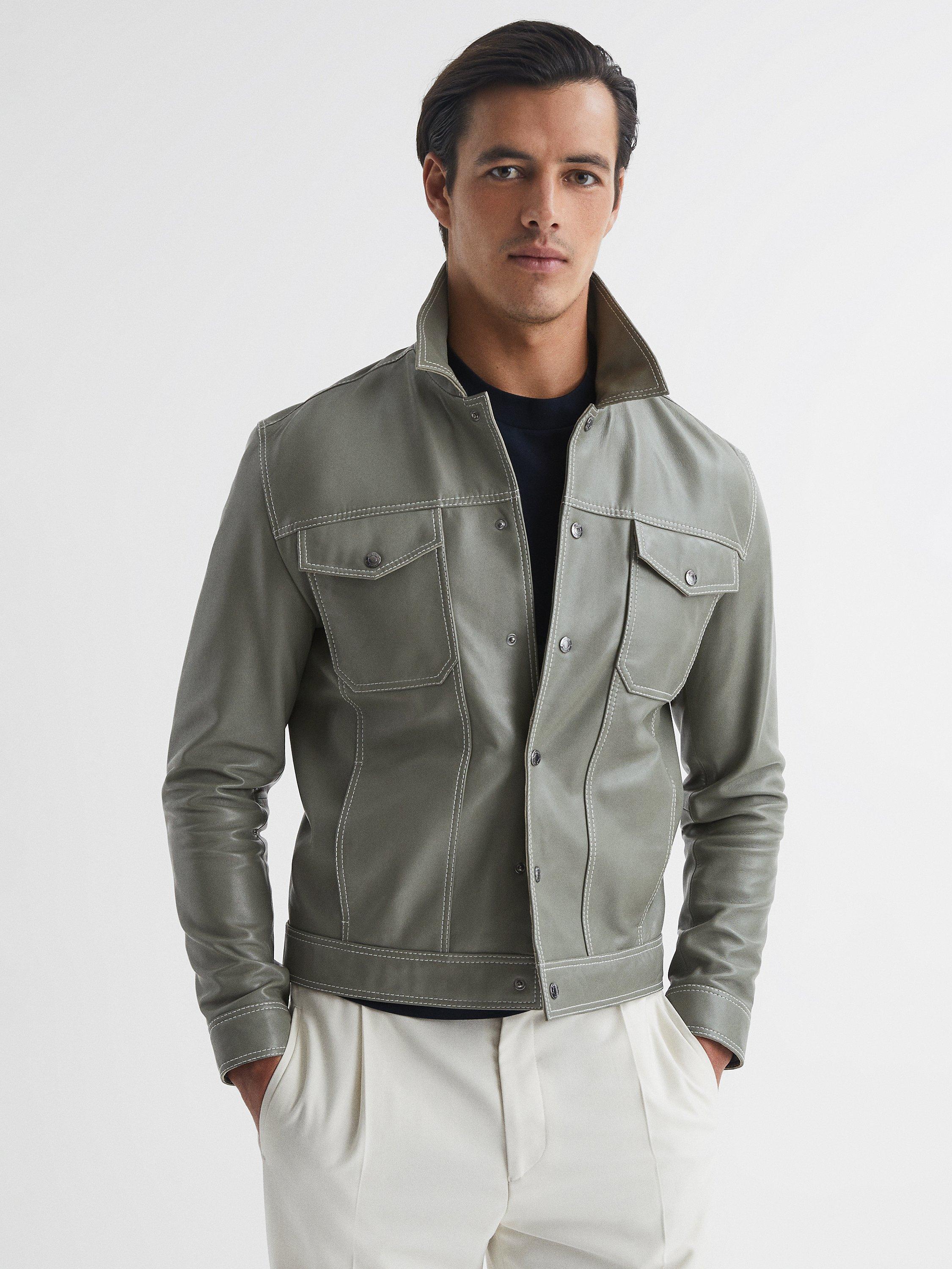 Reiss Gisborne Long Sleeve Leather Jacket, Sage