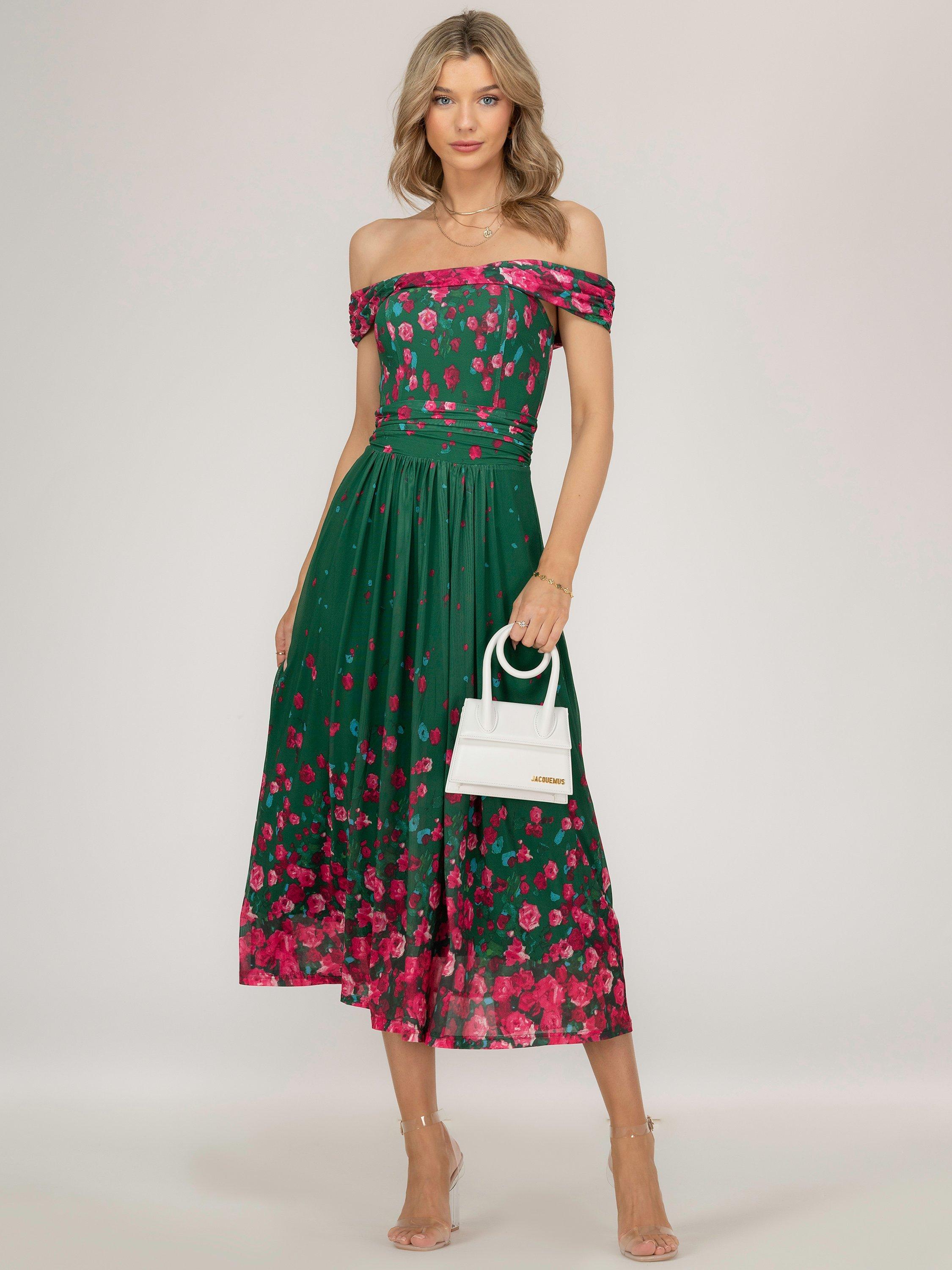 Jolie Moi Oliana Mesh Bardot Neckline Dress, Green