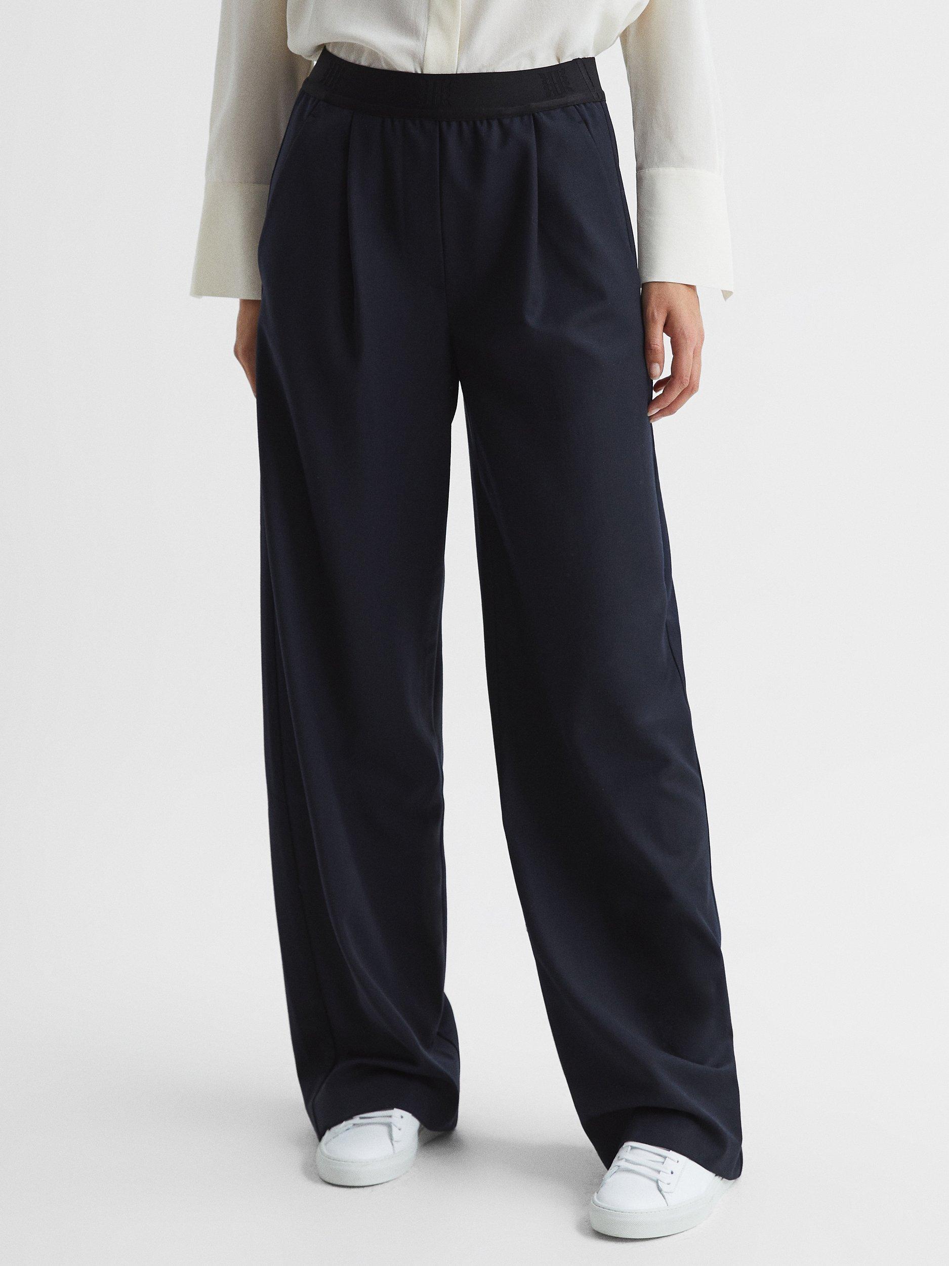 Reiss Lena Wool Blend Pull On Wide Leg Trousers, Navy