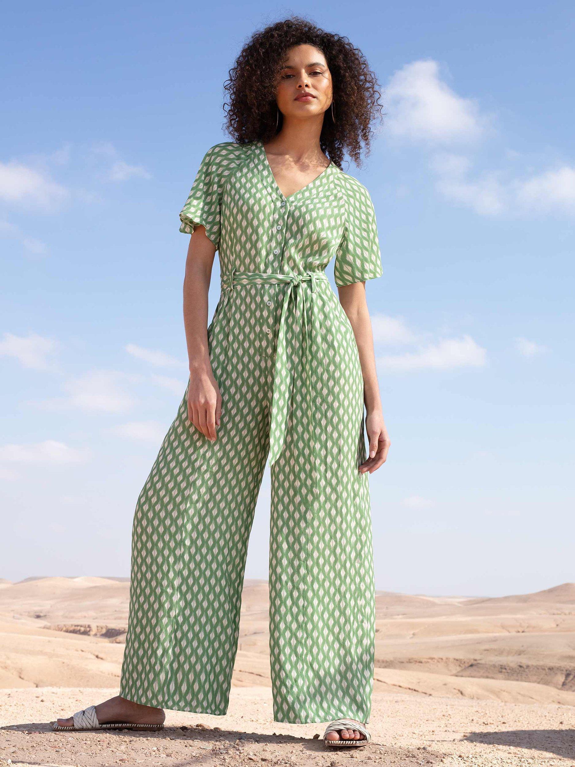 Ro&Zo Diamond Print Wide Leg Jumpsuit, Green