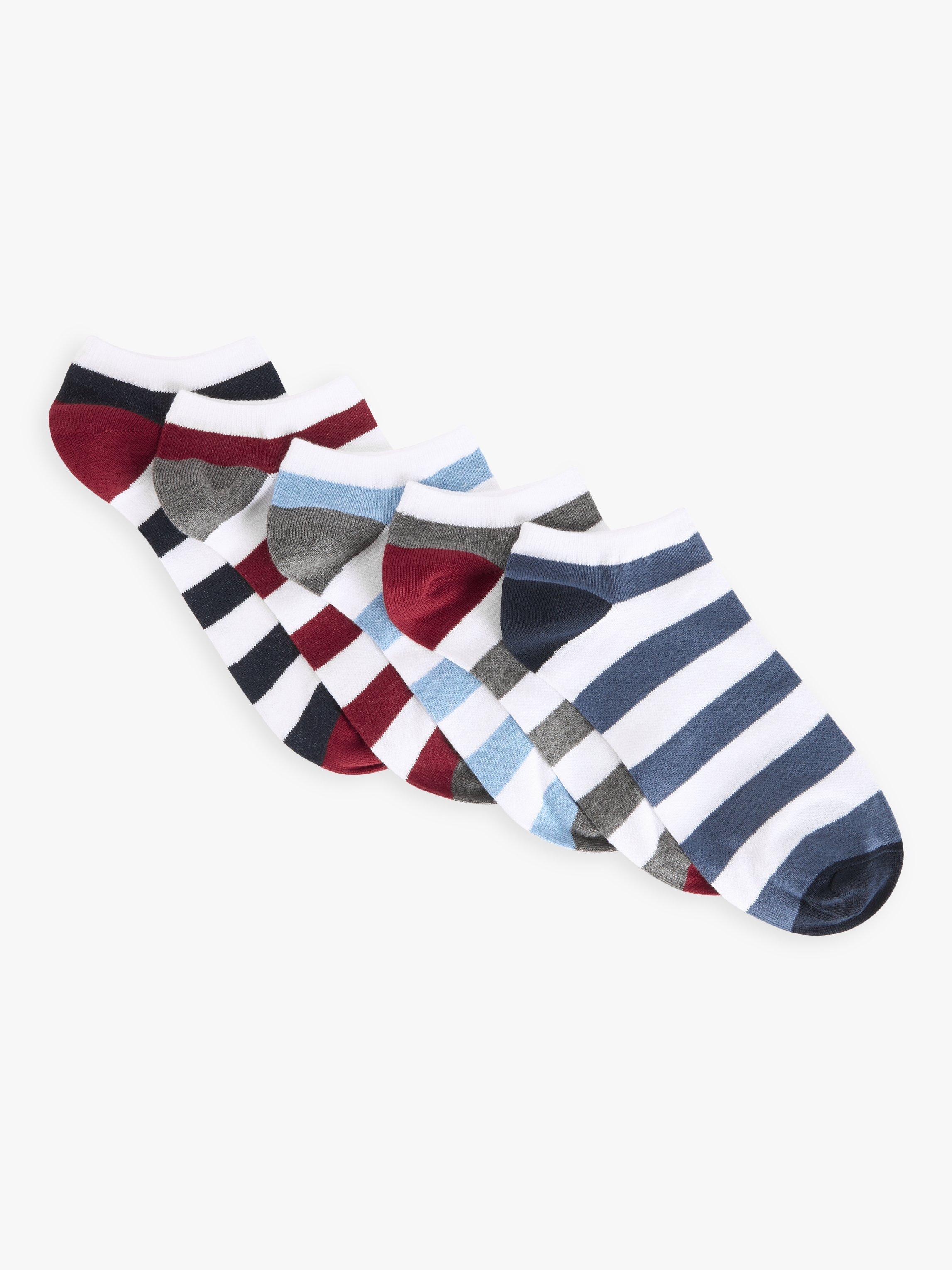 Product image 1 of 2, which shows John Lewis Rugby Stripe Trainer Socks, Pack of 5, Black/Red/Blue/Grey, S-M