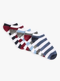John Lewis Rugby Stripe Trainer Socks, Pack of 5, Black/Red/Blue/Grey, Black/Red/Blue/Grey