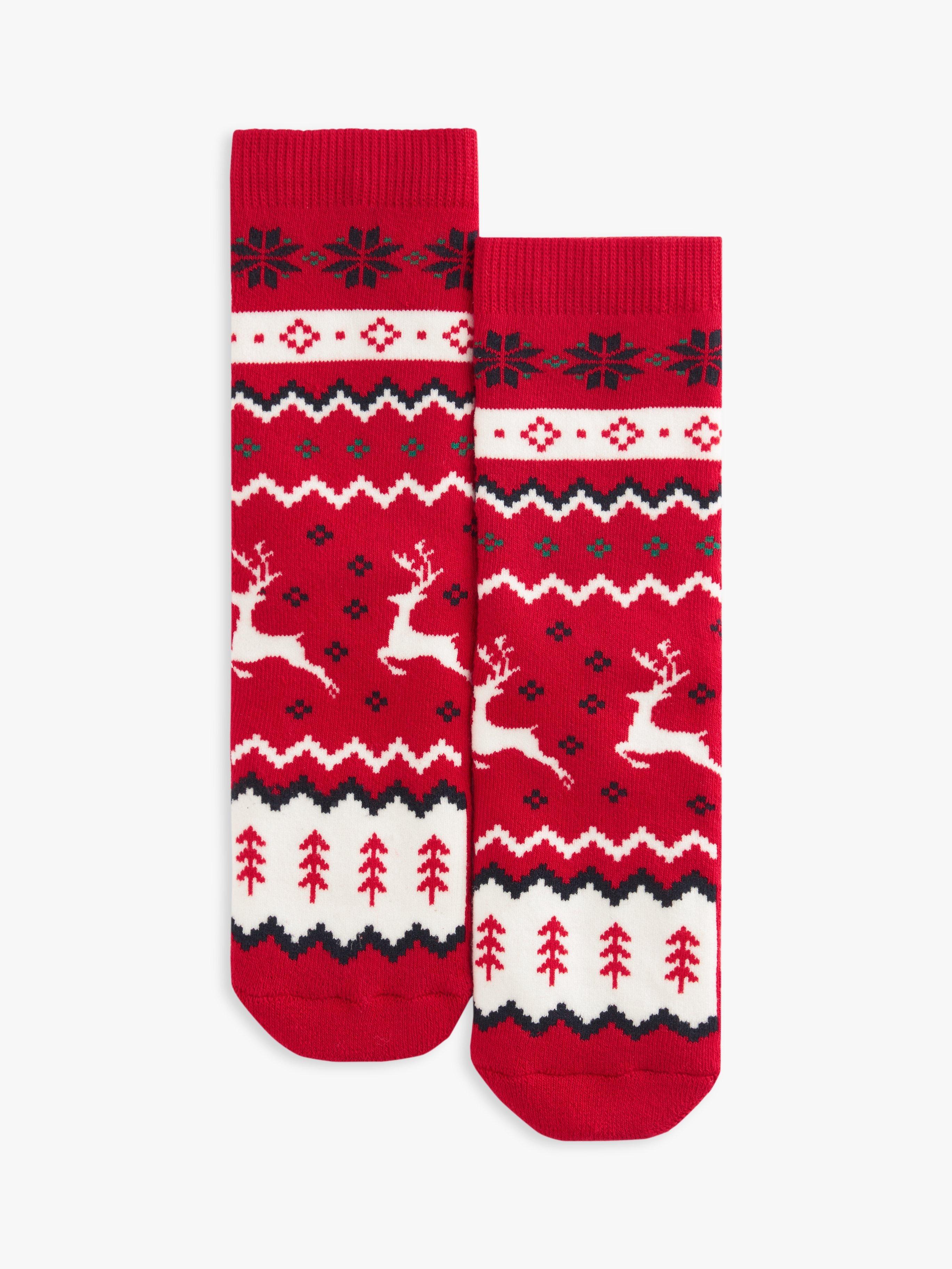 Product image 1 of 2, which shows John Lewis Kids' Fair Isle Slipper Socks, Red/Multi, 6-8.5 Jnr