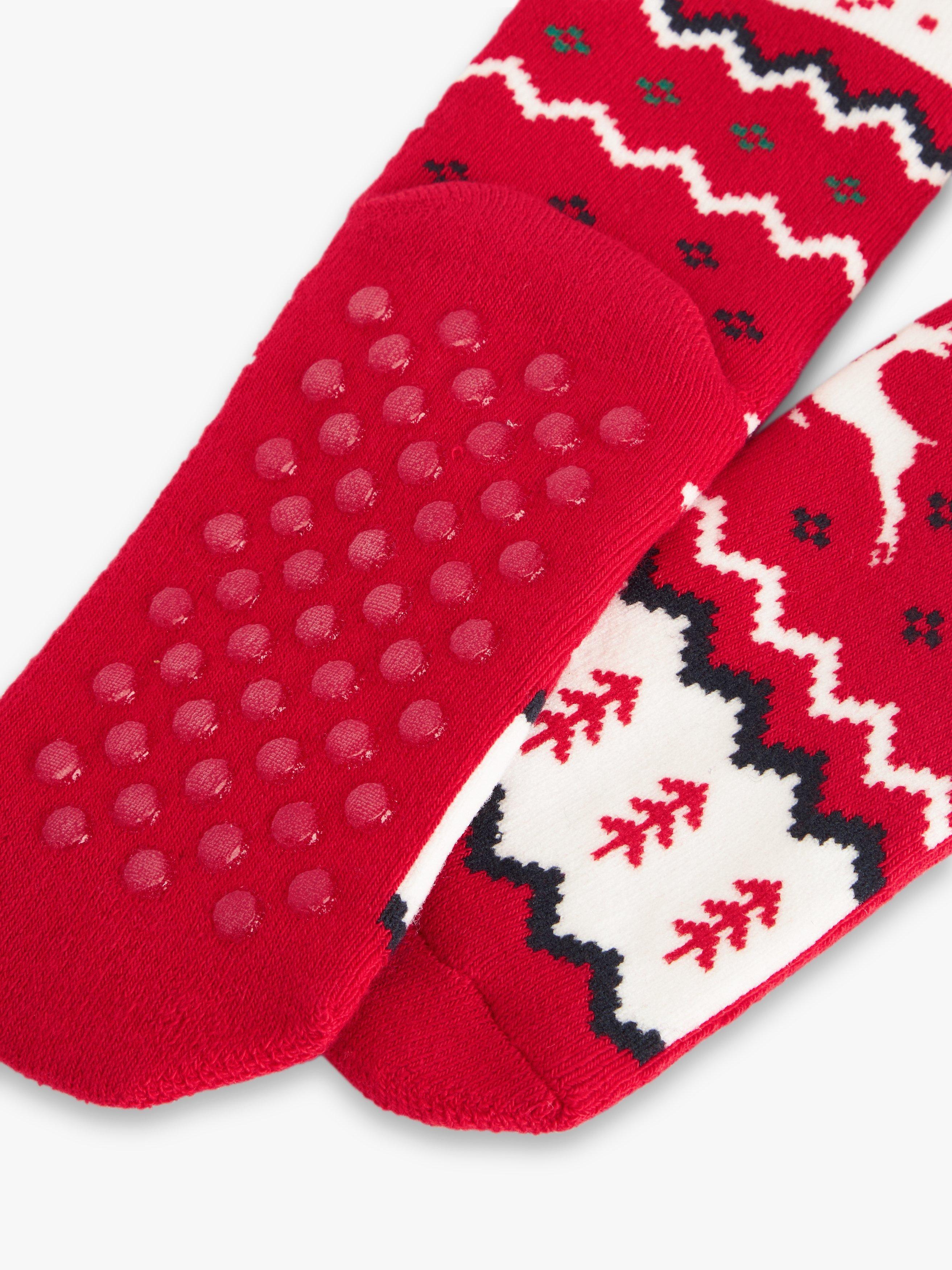 Product image 2 of 2, which shows John Lewis Kids' Fair Isle Slipper Socks, Red/Multi, 6-8.5 Jnr