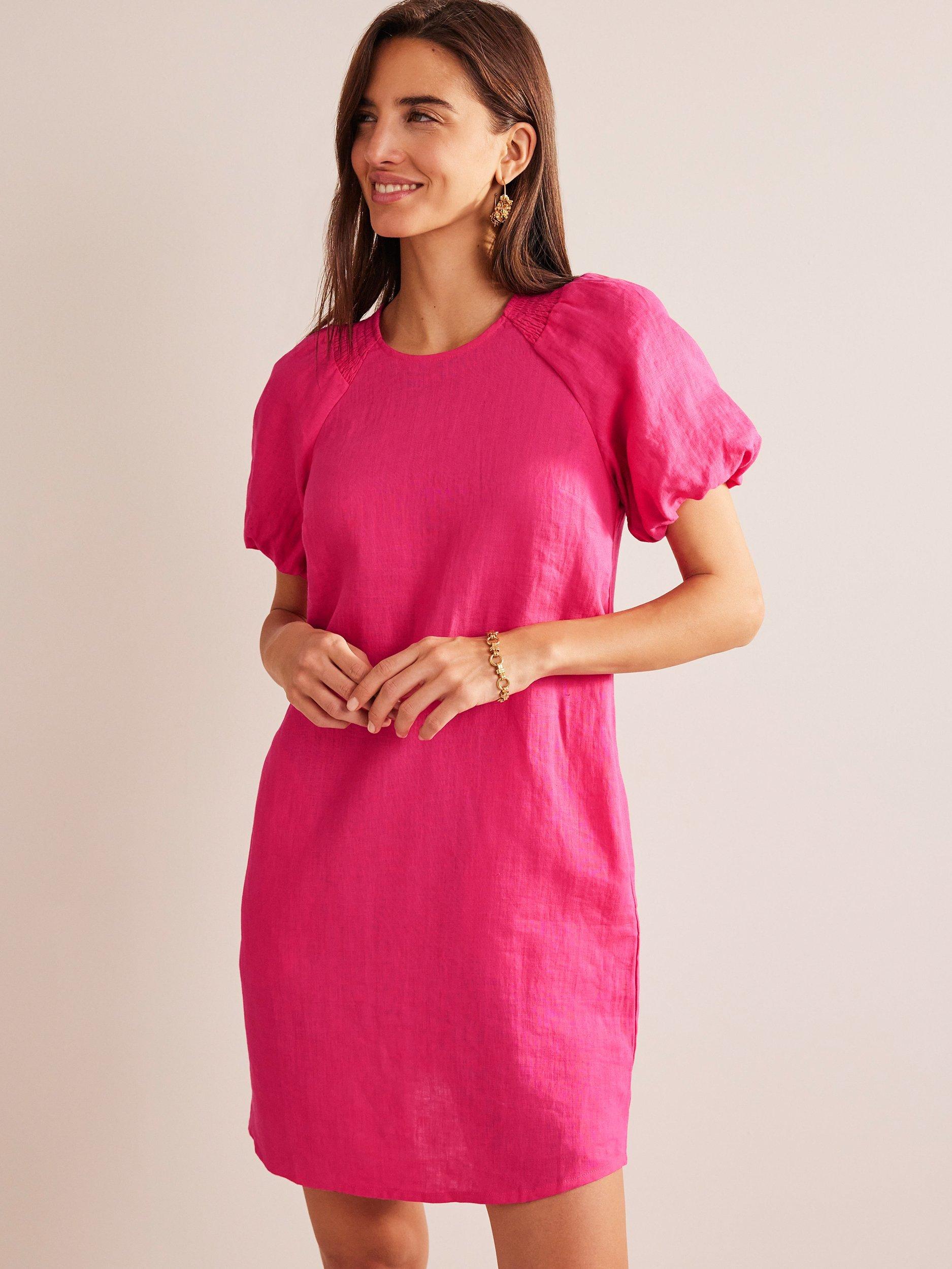 Boden Puff Sleeve Smock Sleeve Linen Blend Dress, Festival Pink