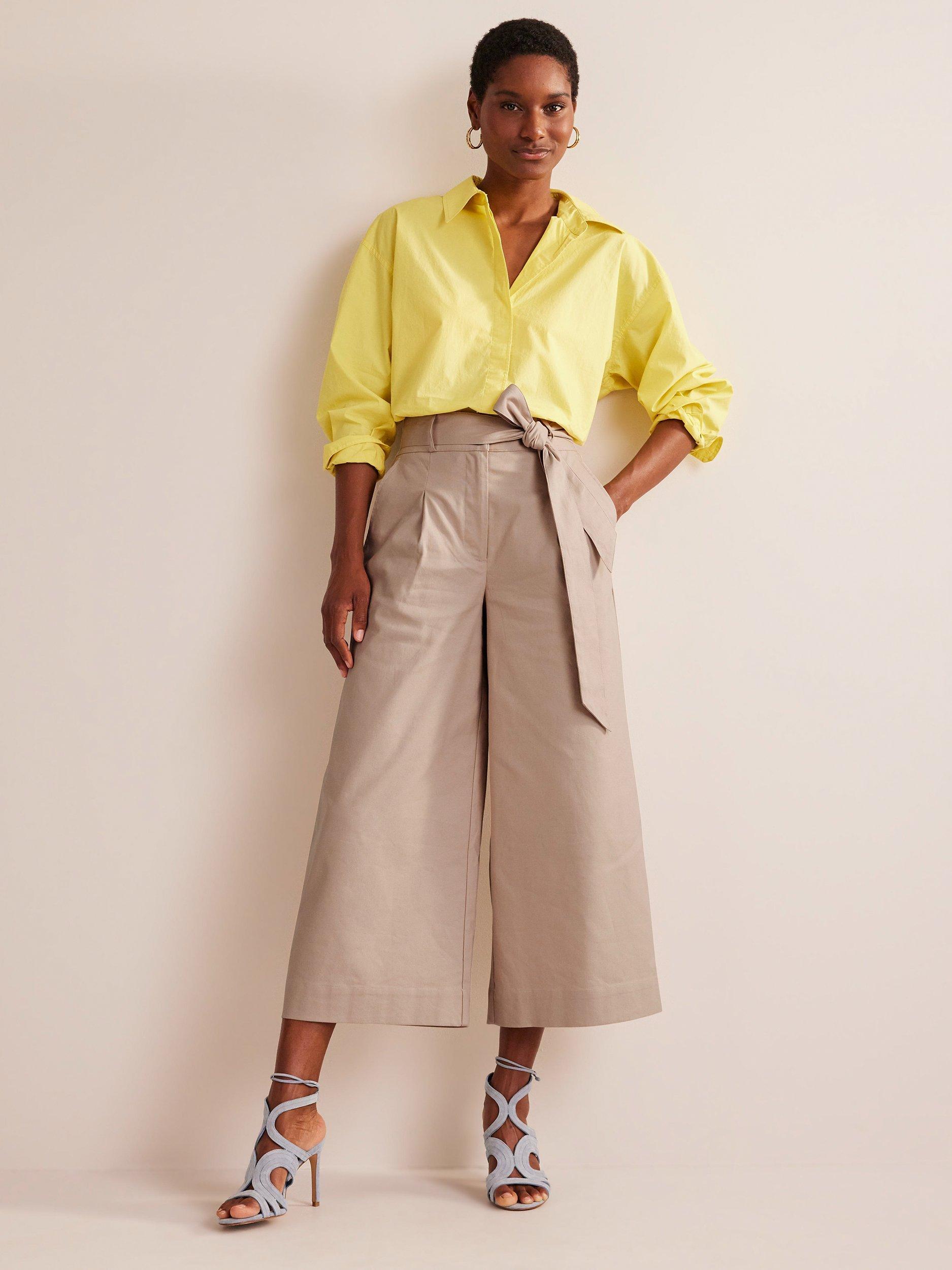 Boden Plain Belted Cropped Wide Leg Linen Blend Trousers, Rope