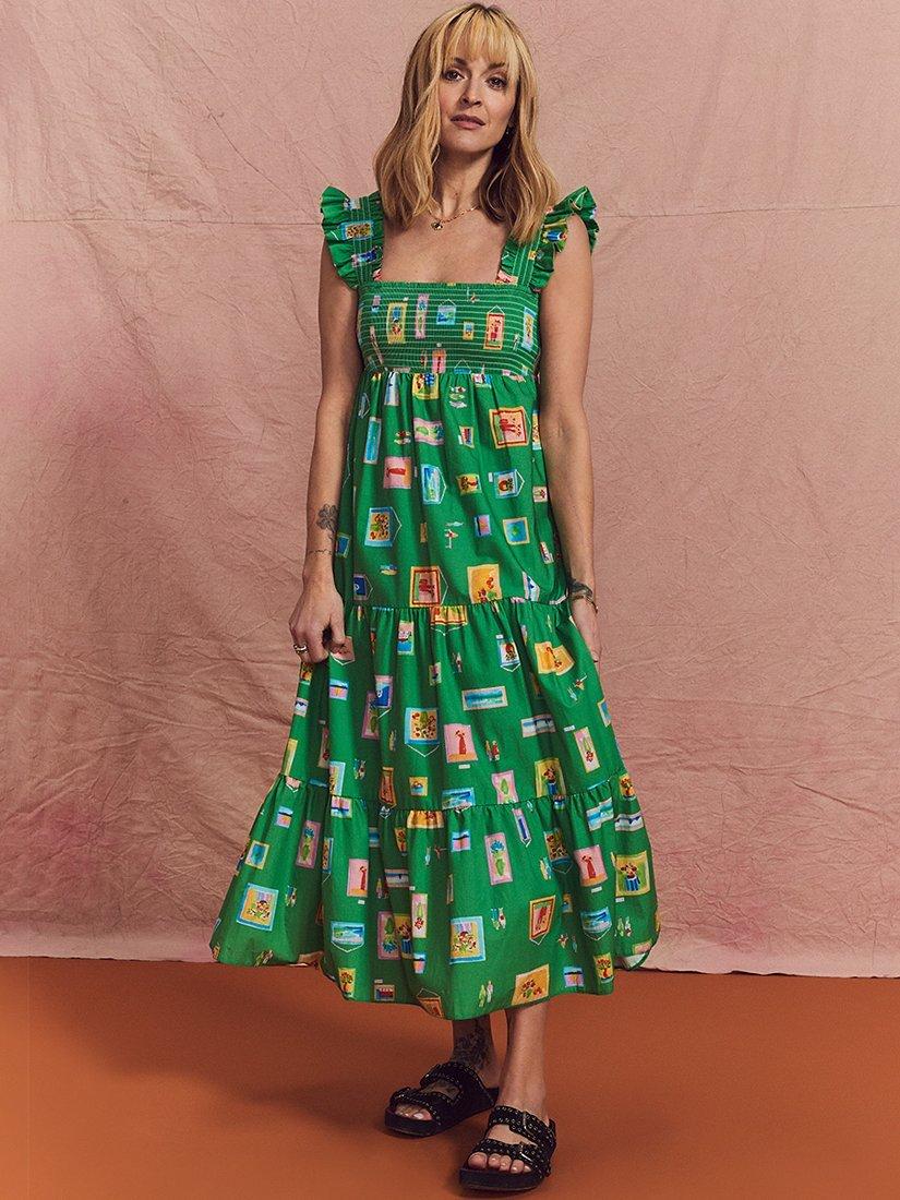 Nobody's Child Maya Gina Gallery Print Tiered Midi Dress, Green