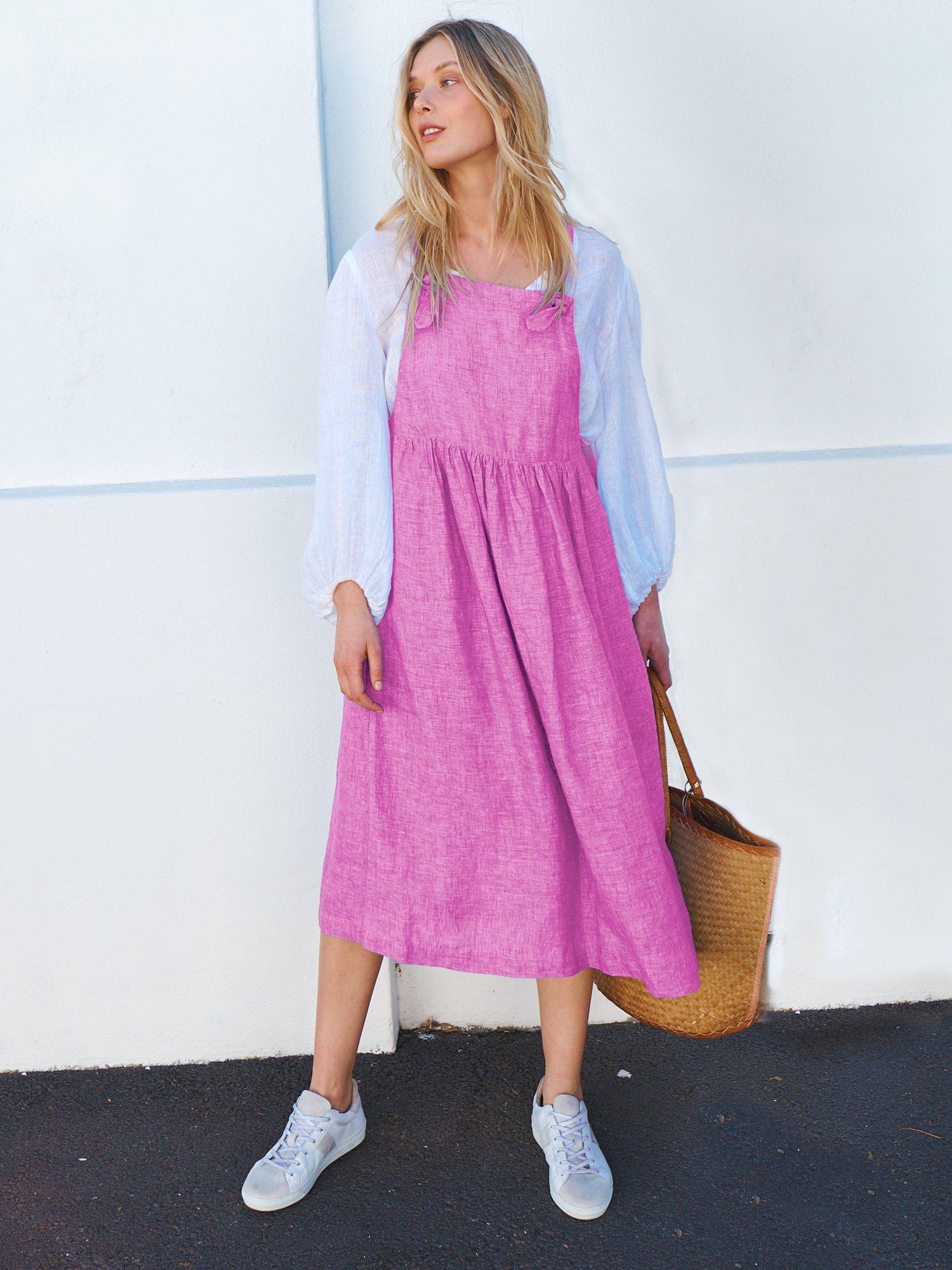 NRBY Violetta Linen Pinafore Midi Dress, Cherry Pink