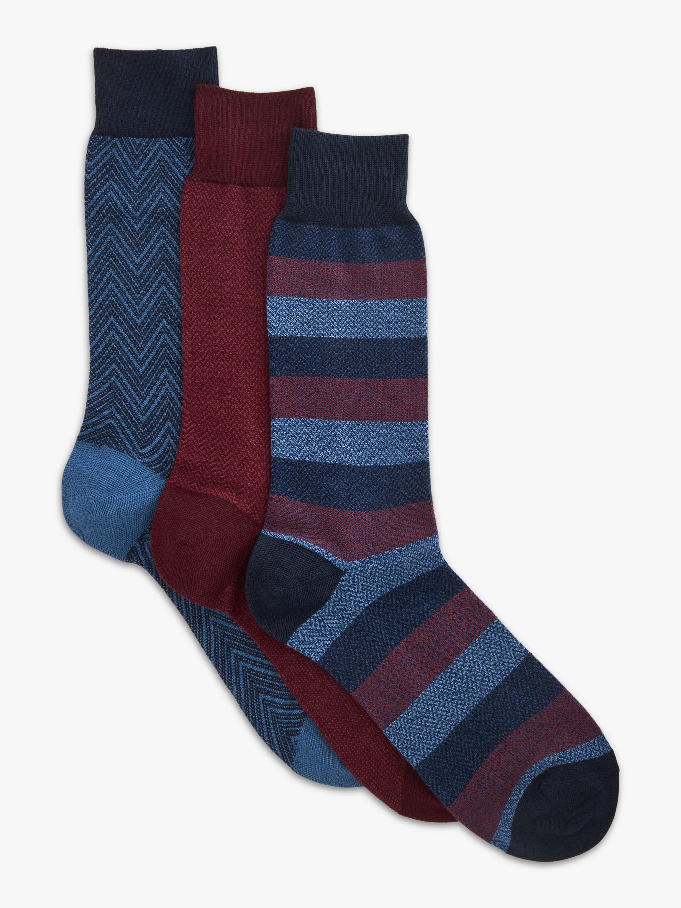 John Lewis Made in Italy Premium Zig Zag Textured Plain & Striped Cotton Blend Socks, Pack of 3, Multi