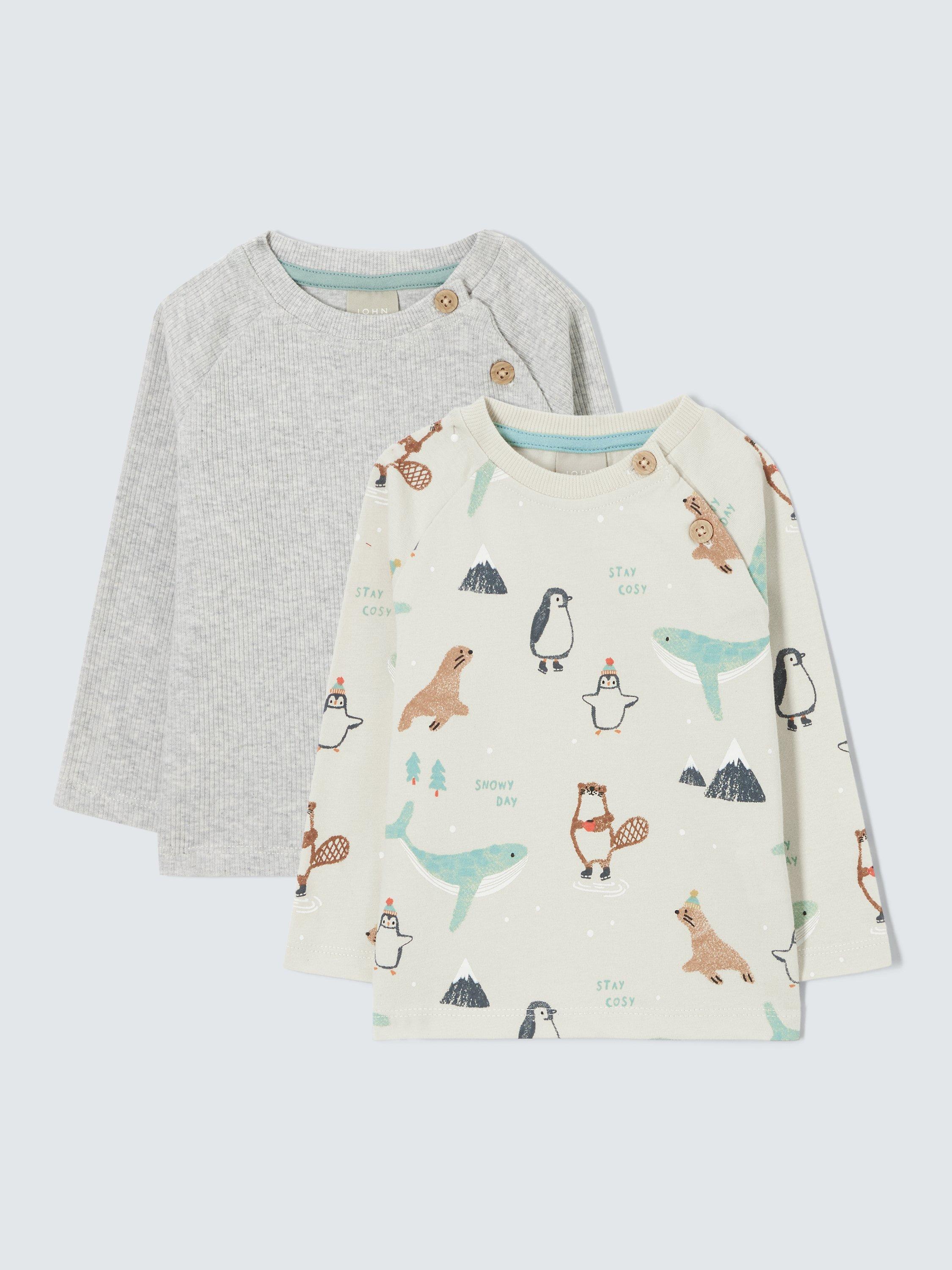 John Lewis Baby Winter Animal T-Shirts, Pack of 2, Grey/Multi