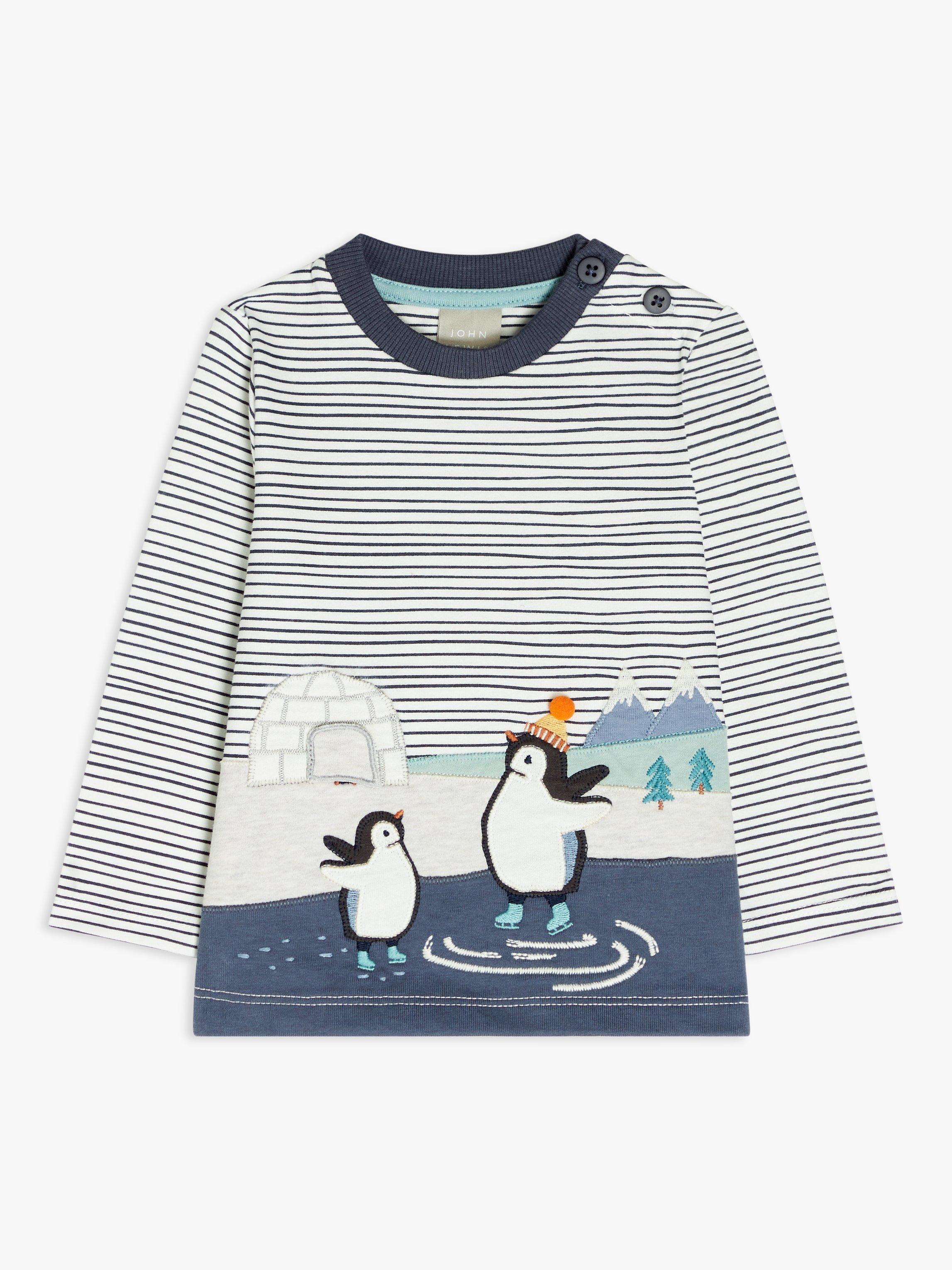 John Lewis Baby Penguin Stripes Long Sleeve T-Shirt, Blue/Multi