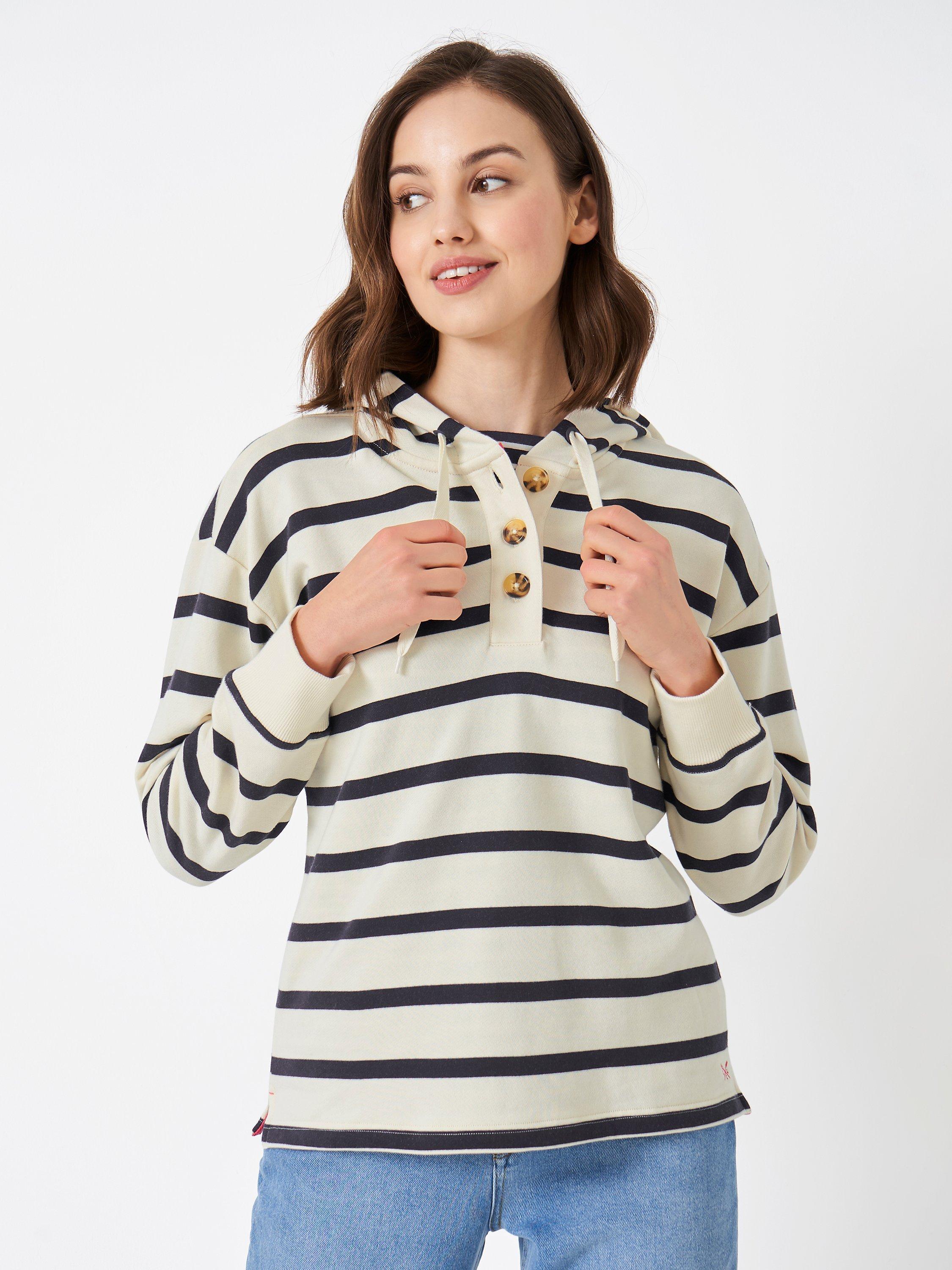 Crew Clothing Stripe Button Hoodie, White