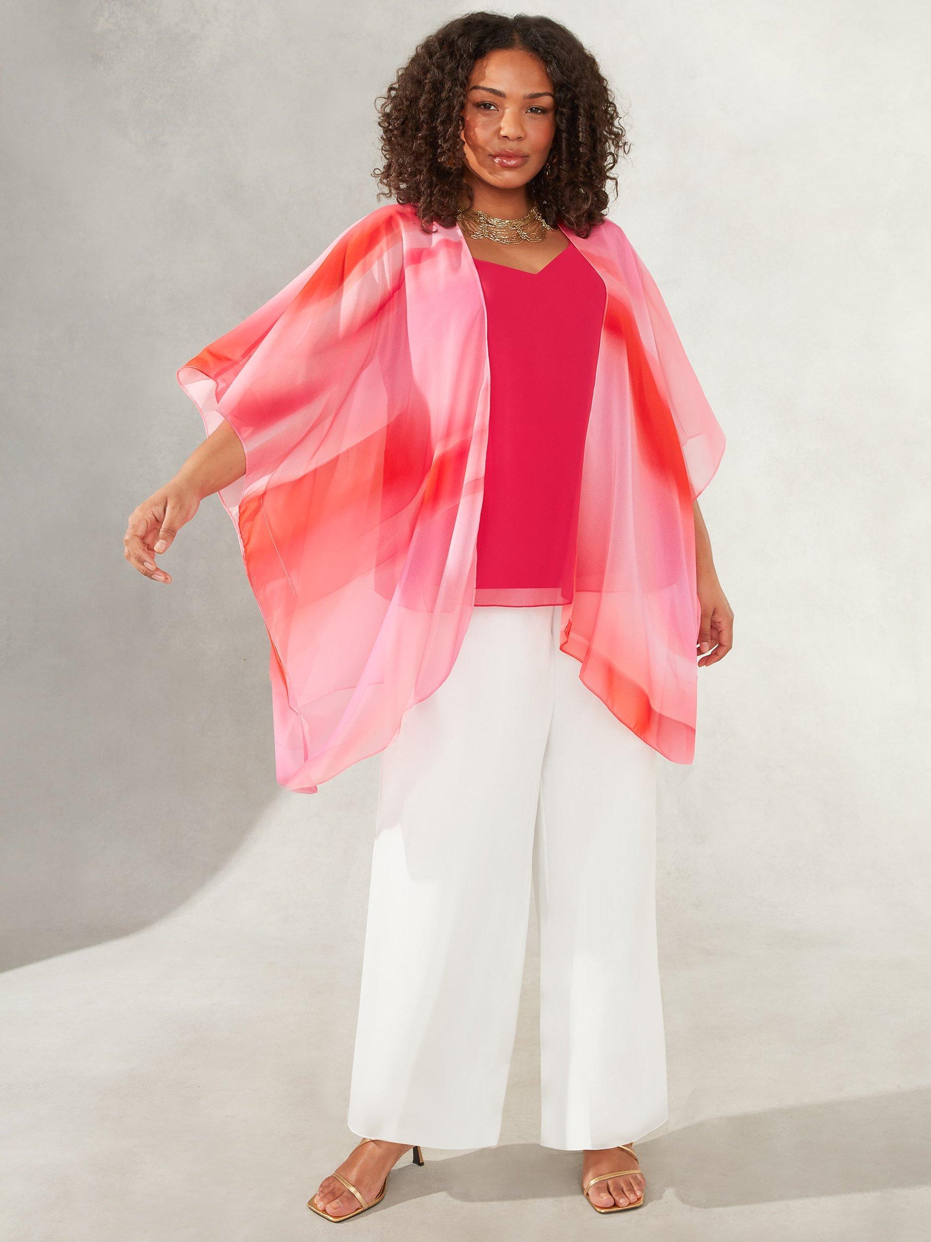 Live Unlimited Curve Open Neck Ombre Print Chiffon Kimono, Pink/Multi