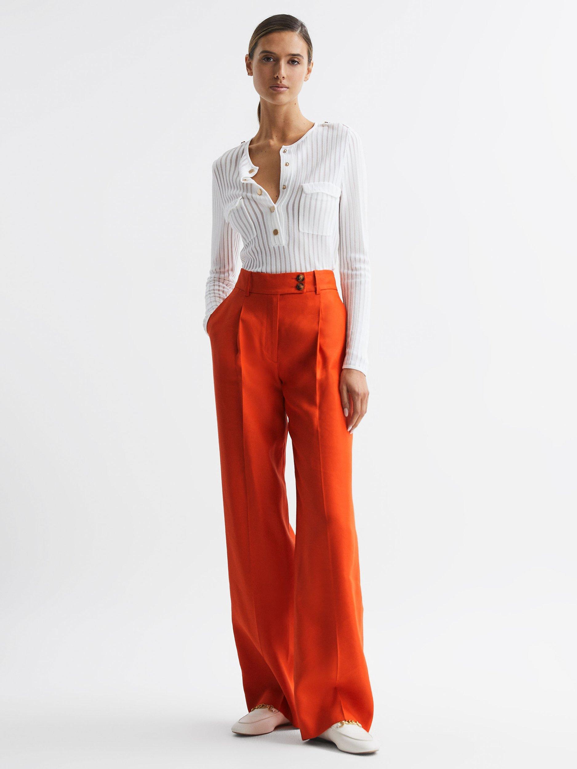 Reiss Hollie Wide Leg Linen Trousers, Orange, 14