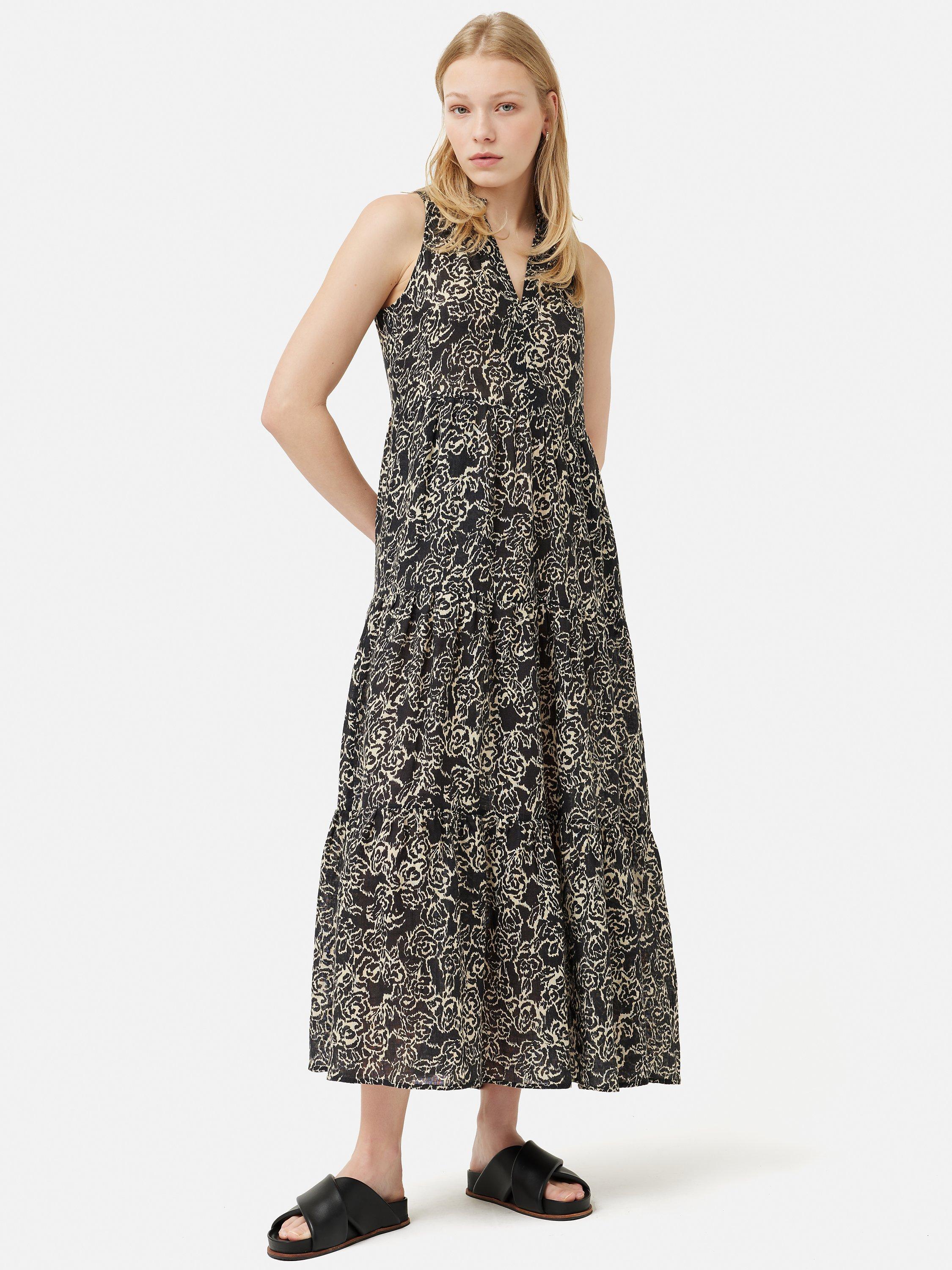 Jigsaw Rose Print Linen Maxi Dress, Black/Natural