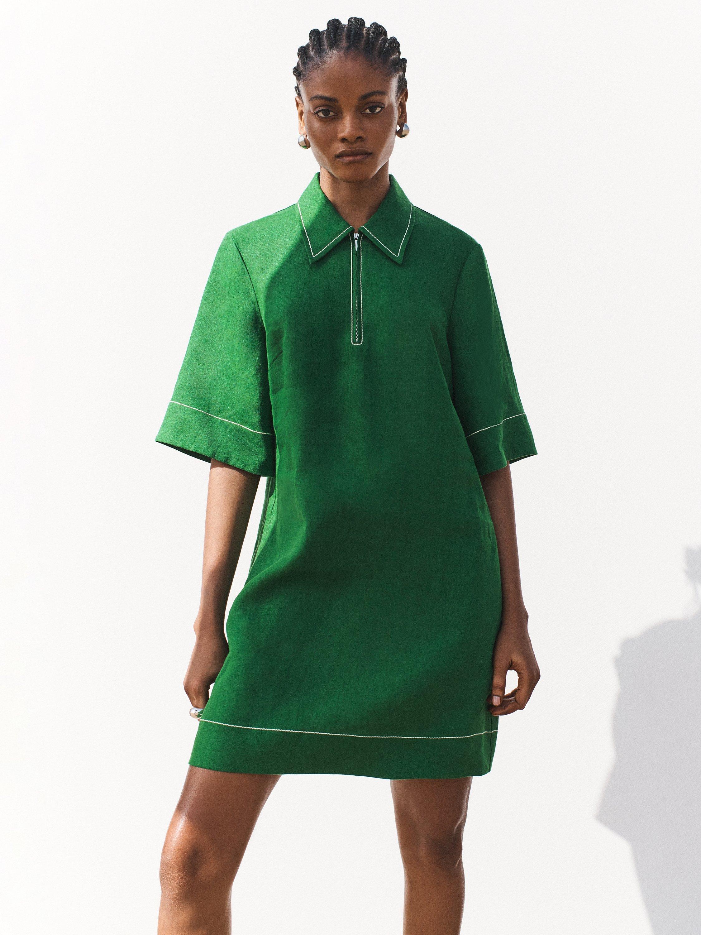 Jigsaw Linen Zip Front Mini Shirt Dress, Mid Green