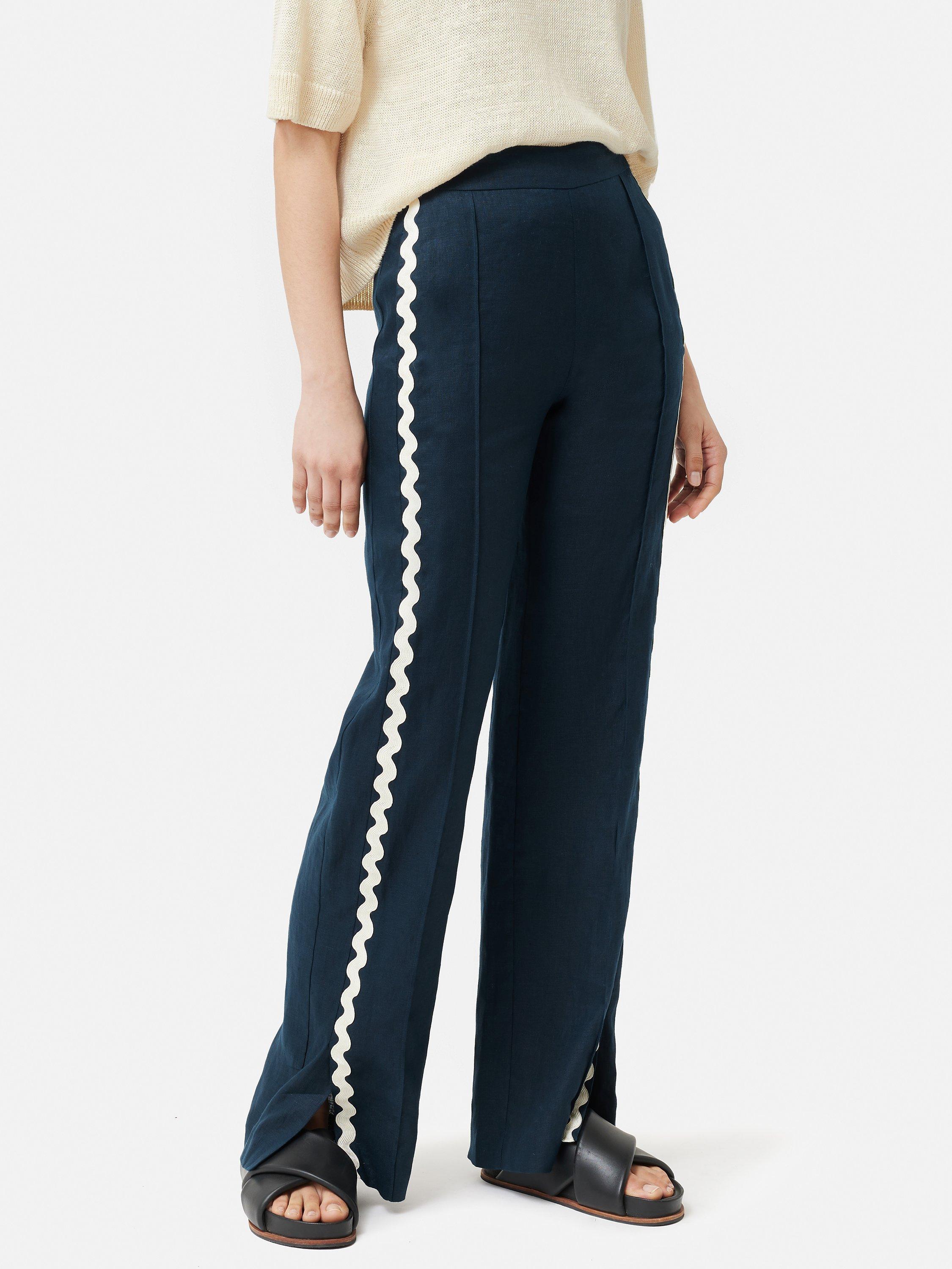 Jigsaw Linen Ric Rac Side Trim Trousers, Navy