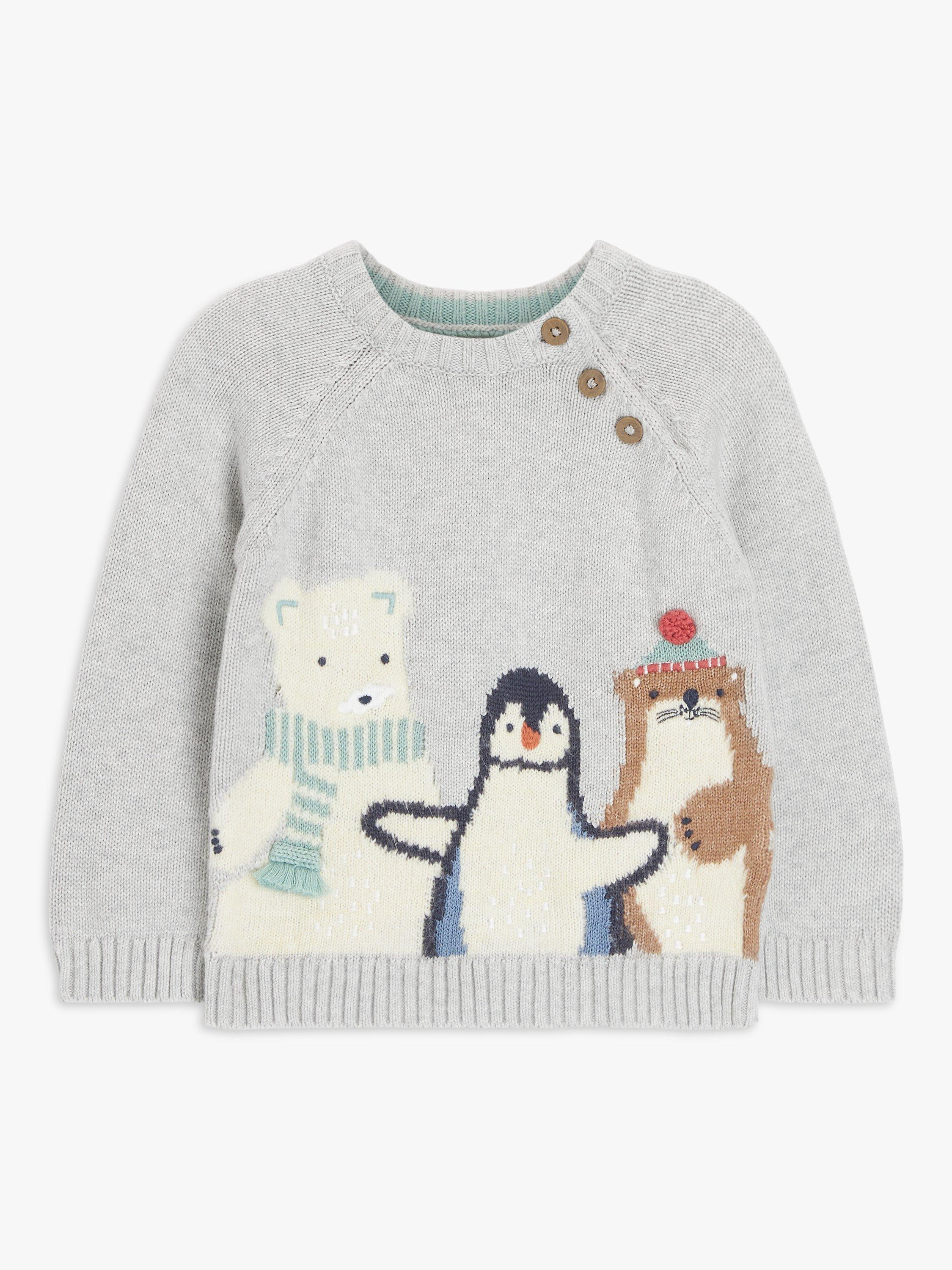 John Lewis Baby Penguin & Friends Jumper, Grey/Multi