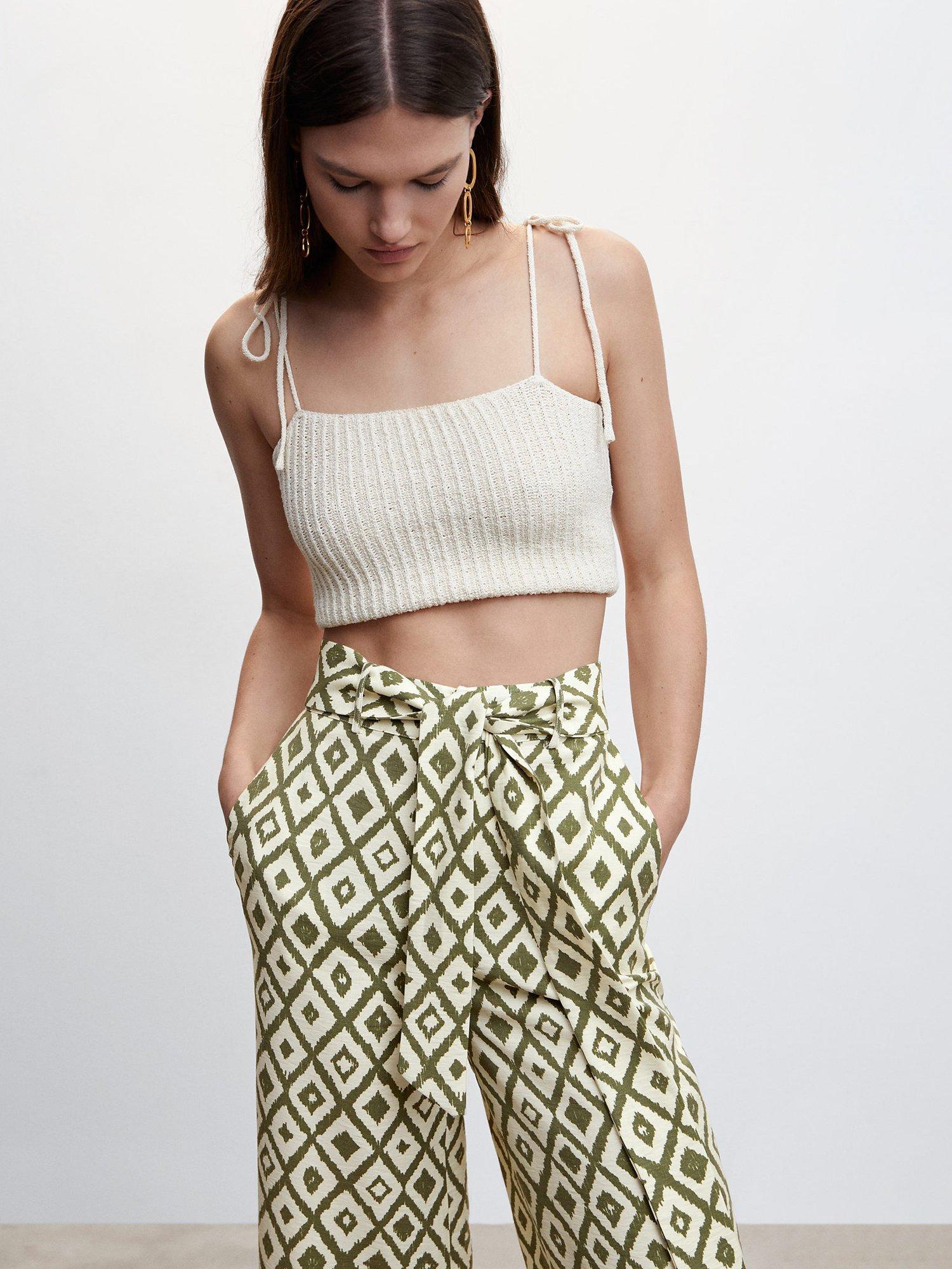 Mango Plumas Bow Printed Trouser, Light Beige