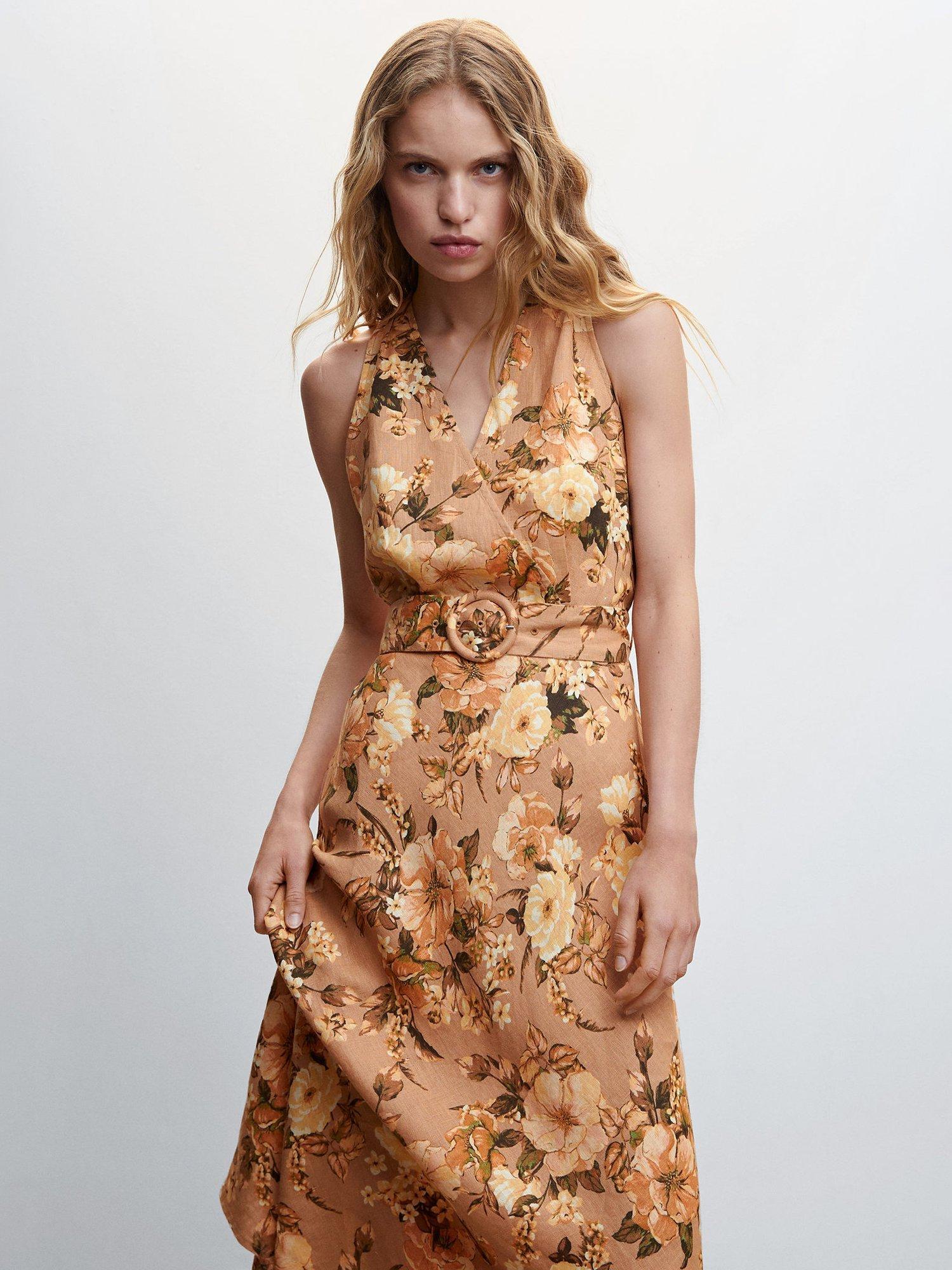 Mango Almafi Linen Floral Print Midi Dress, Brown