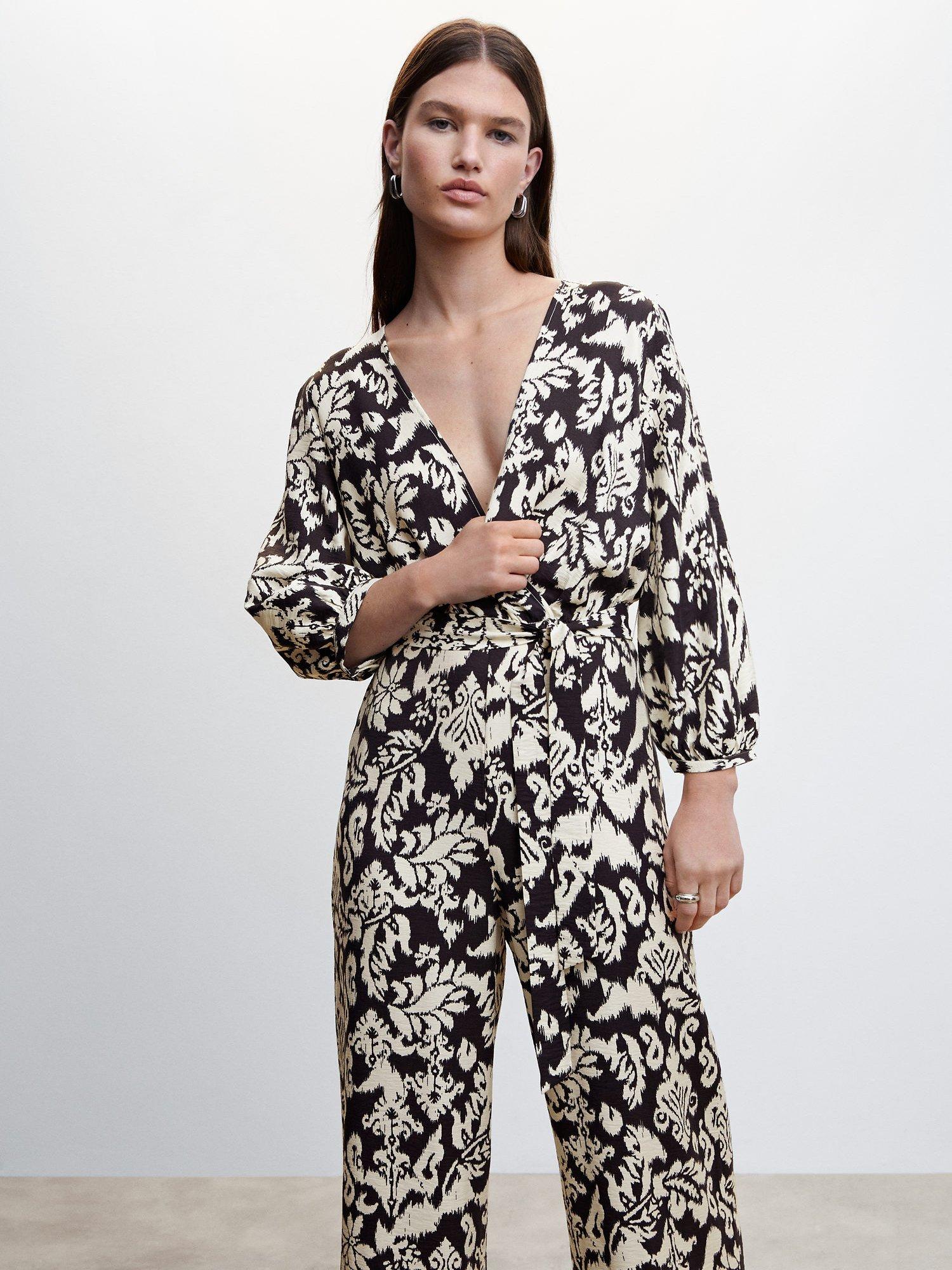 Mango Geometric Print Jumpsuit With Bow, Light Beige, Black