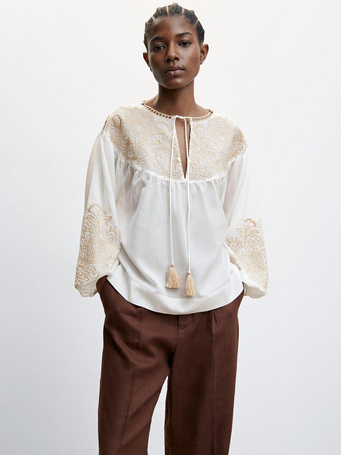 Mango Contrast Embroidered Blouse, Natural White