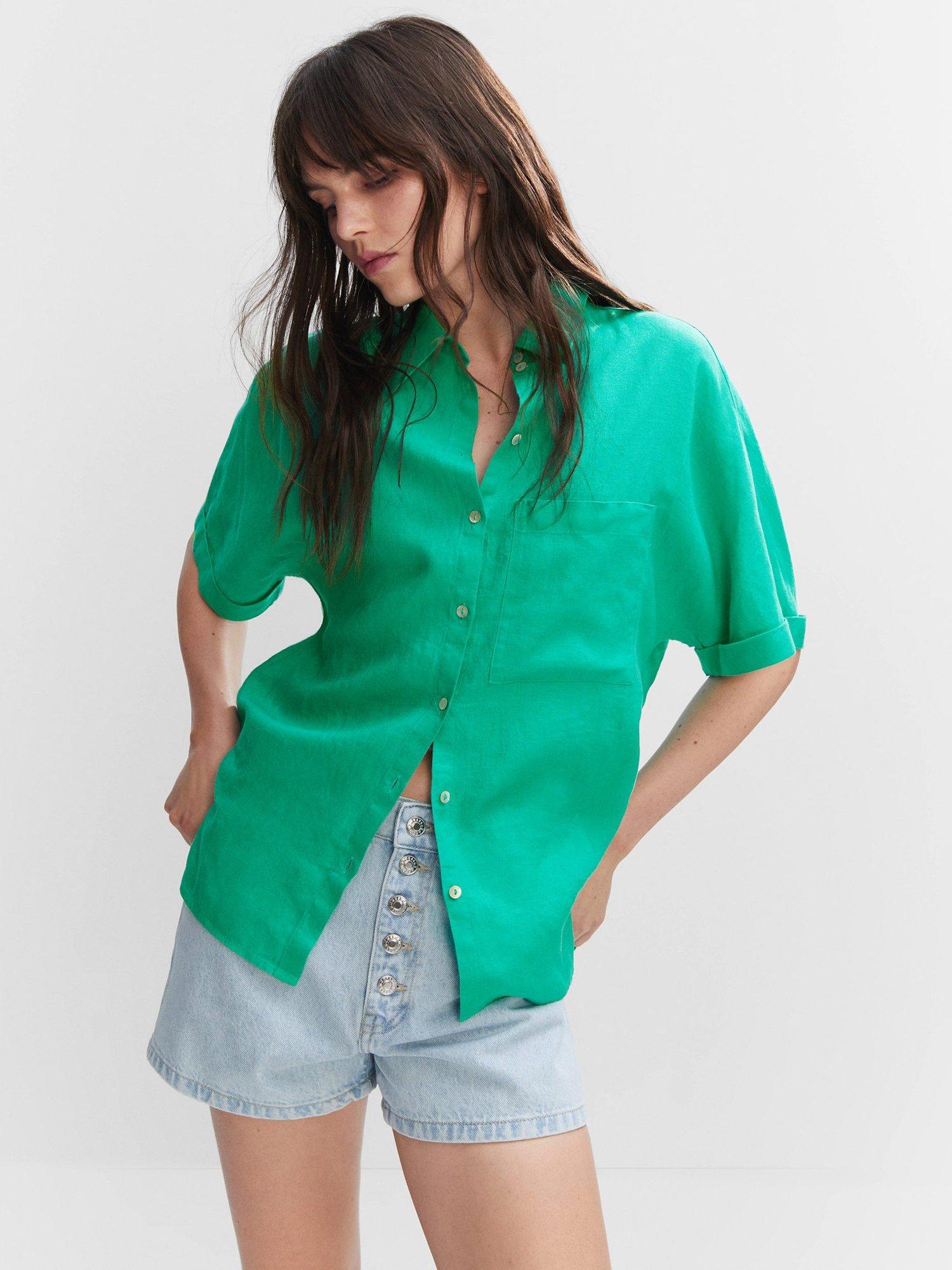 Mango Linen Short Sleeve Shirt, Green