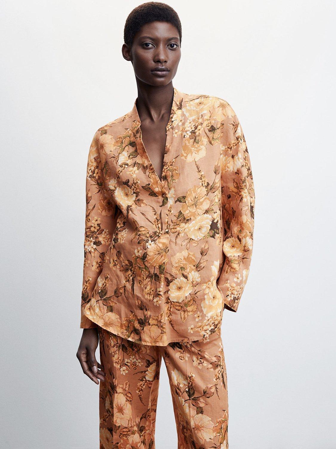 Mango Floral Print Linen Blouse, Brown