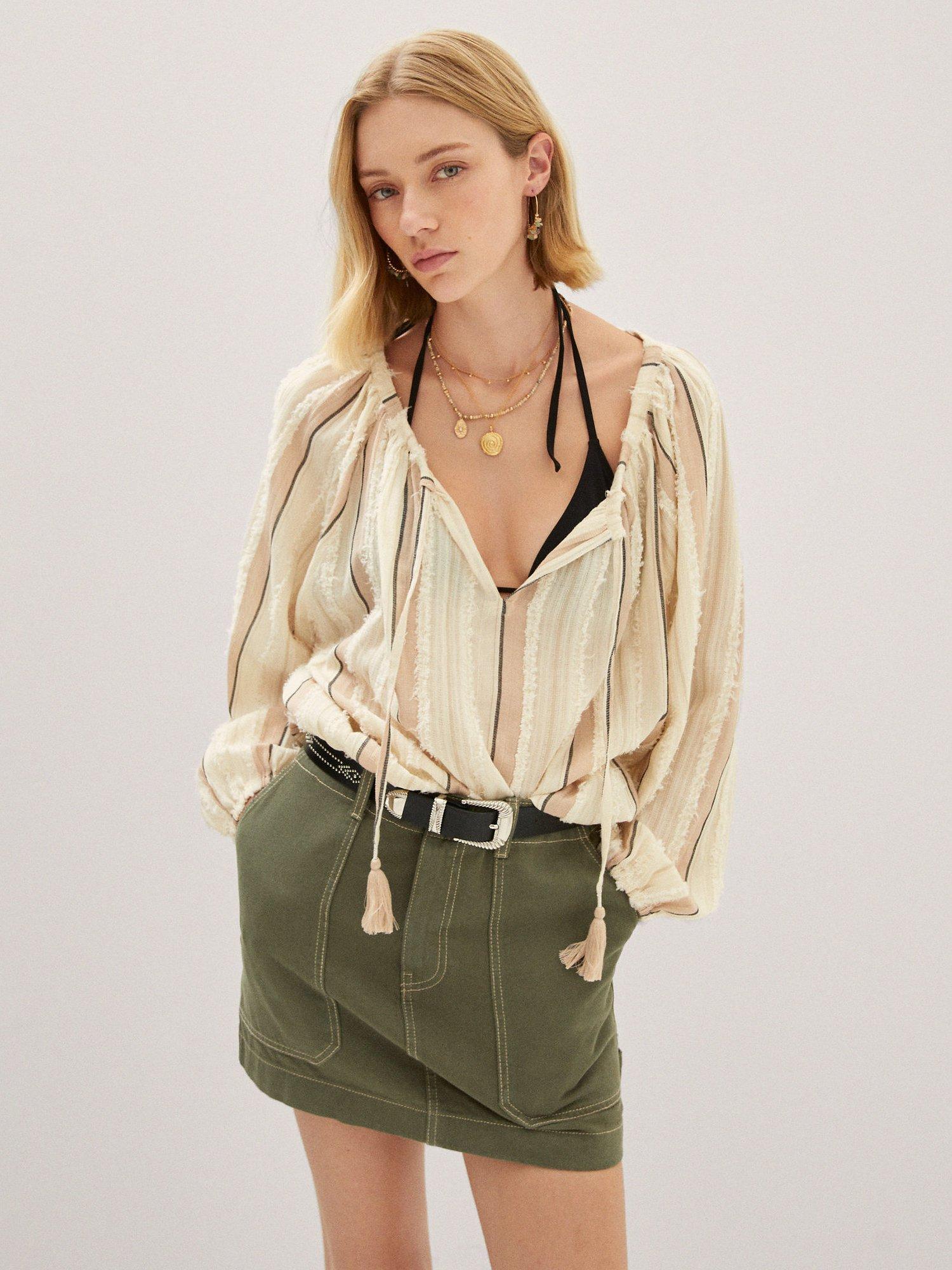 Mango Claire Textured Stripe Blouse, Light Beige