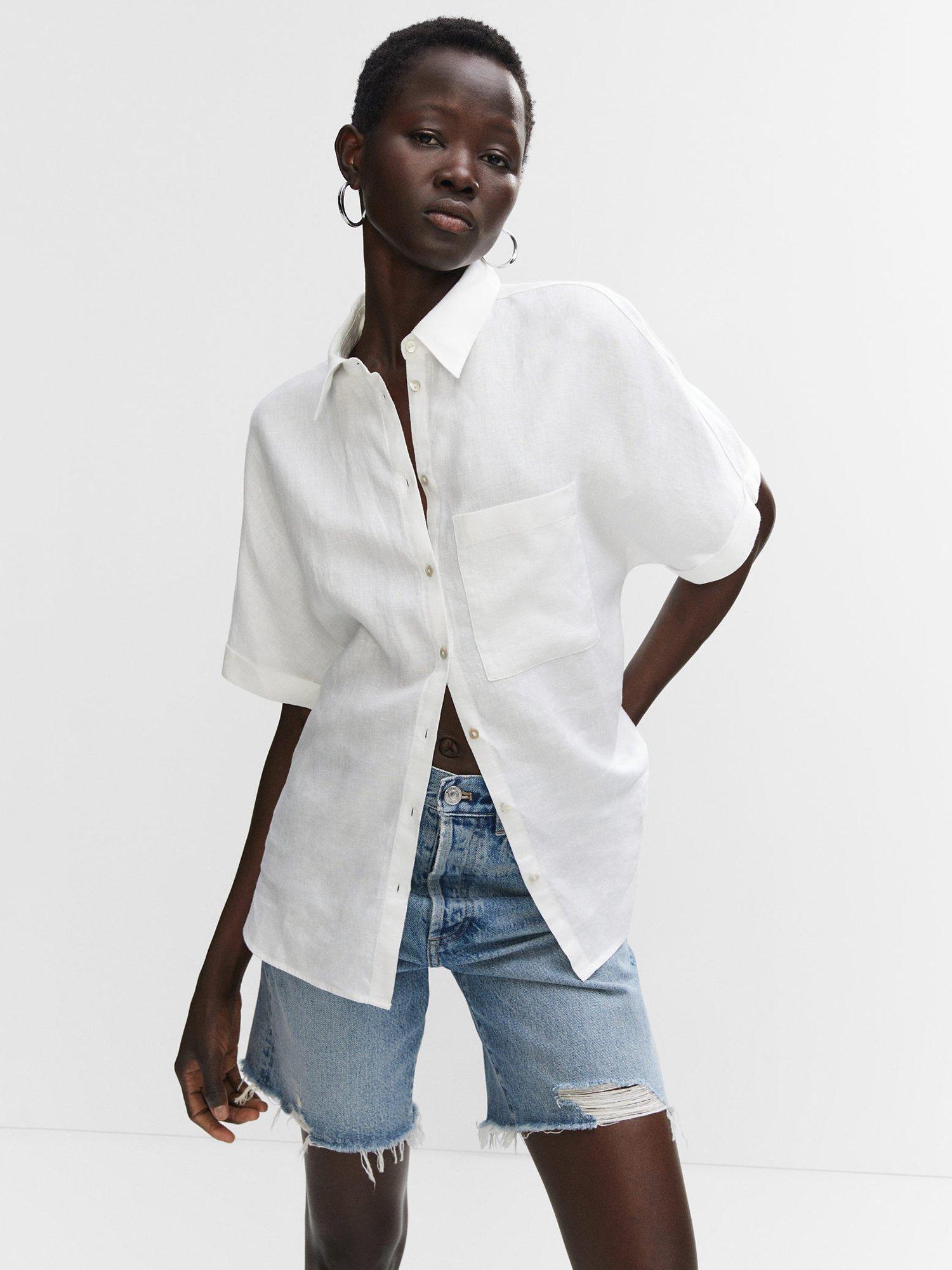 Mango Linen Short Sleeve Shirt, White