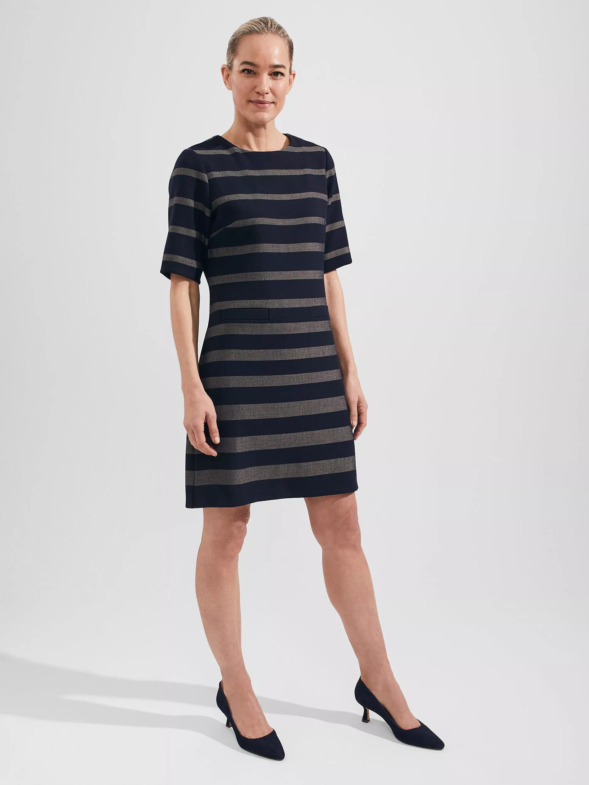 Hobbs blue and white striped dress hotsell