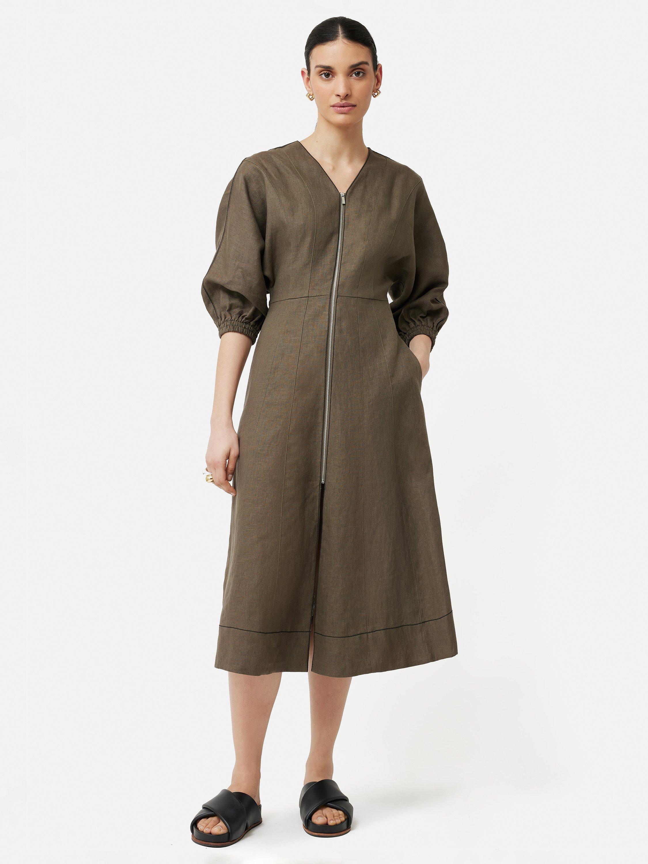 Jigsaw Zip Fit & Flare Linen Midi Dress, Taupe