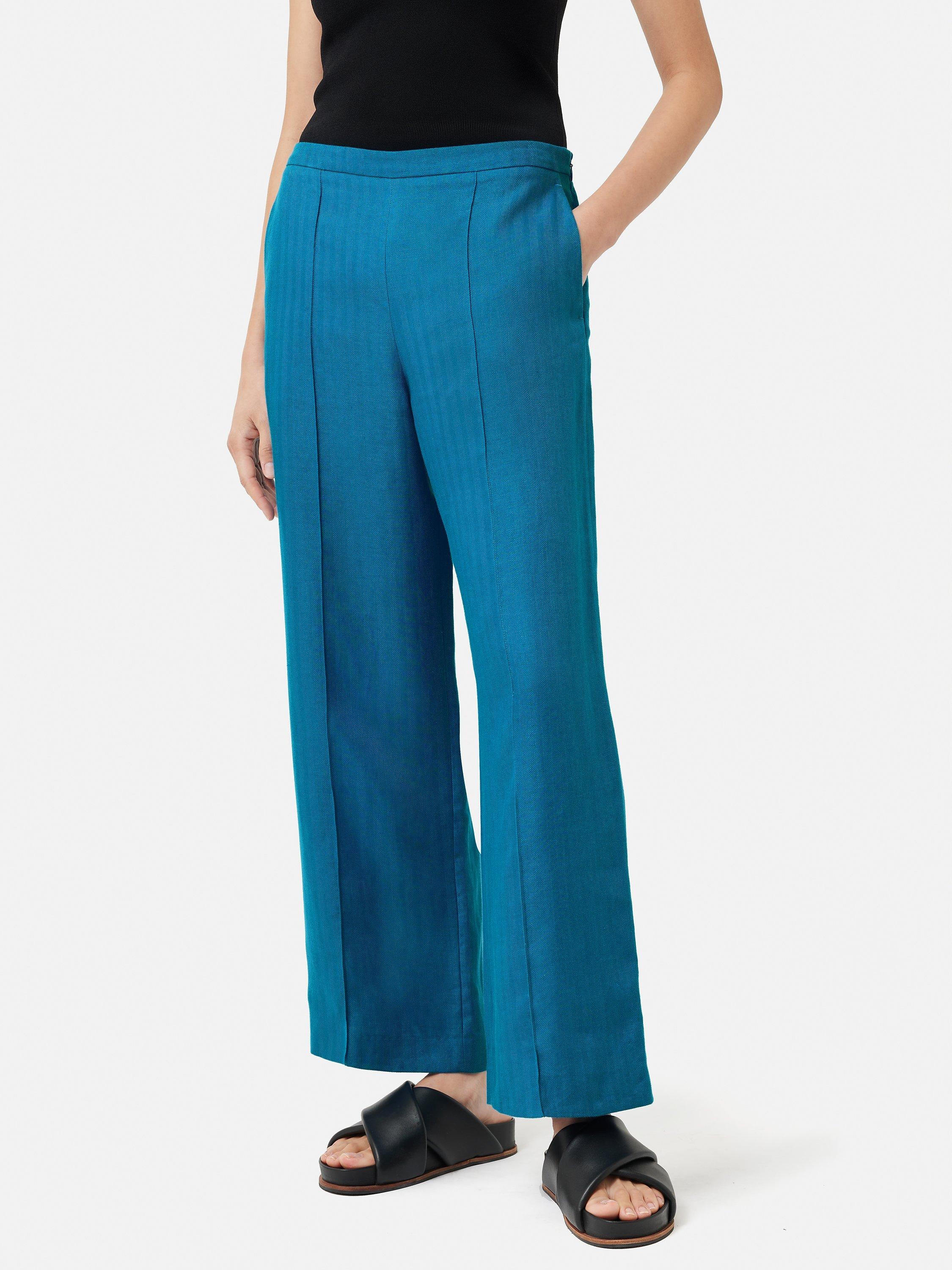 Jigsaw Herringbone Linen Palazzo Trousers, Teal, 6