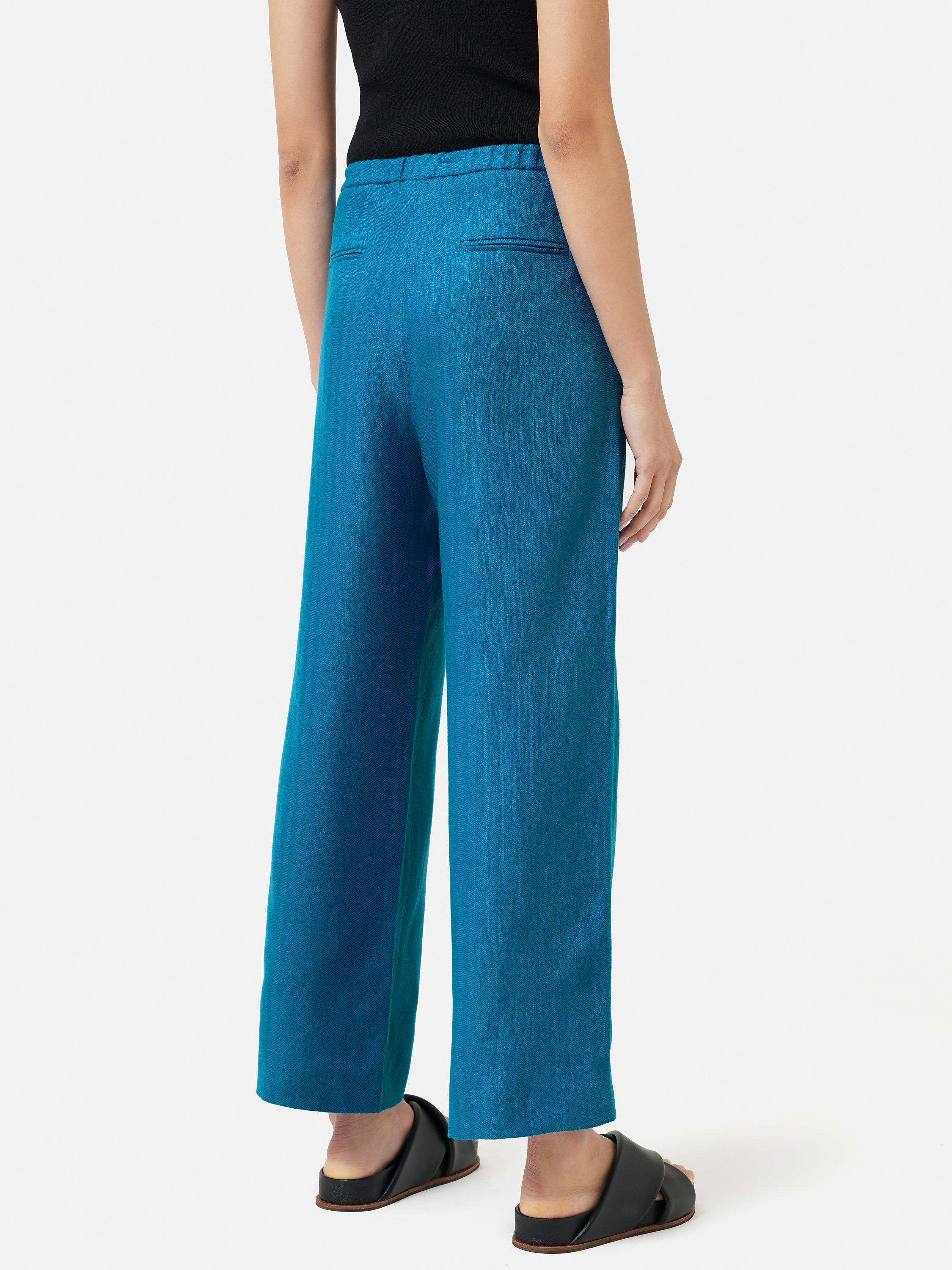 Jigsaw Herringbone Linen Palazzo Trousers, Teal, 6